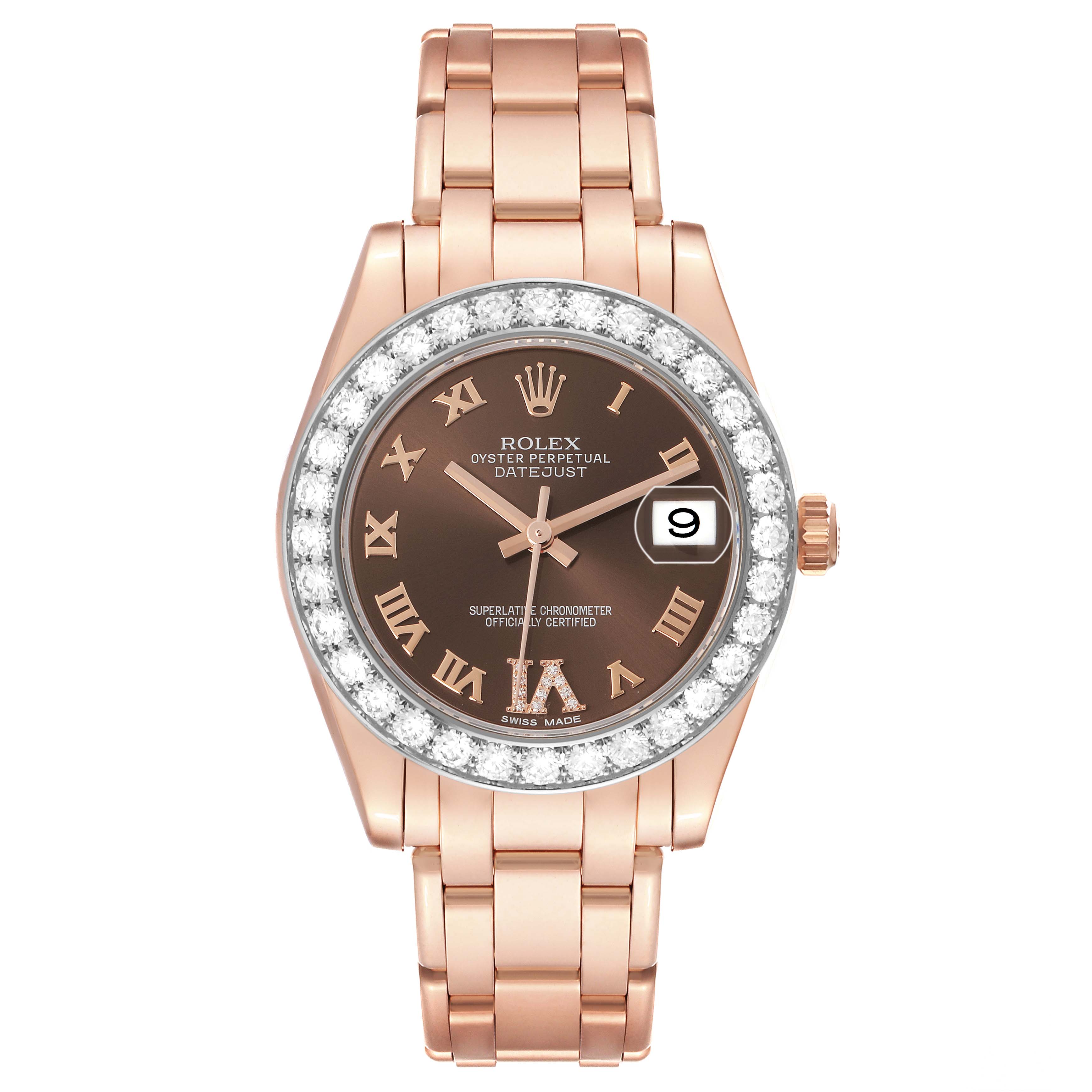 The Rolex Pearlmaster 81285 Women's Rose Gold Brown Dial watch is shown from the front, displaying its rose gold bezel, brown dial, and bracelet.