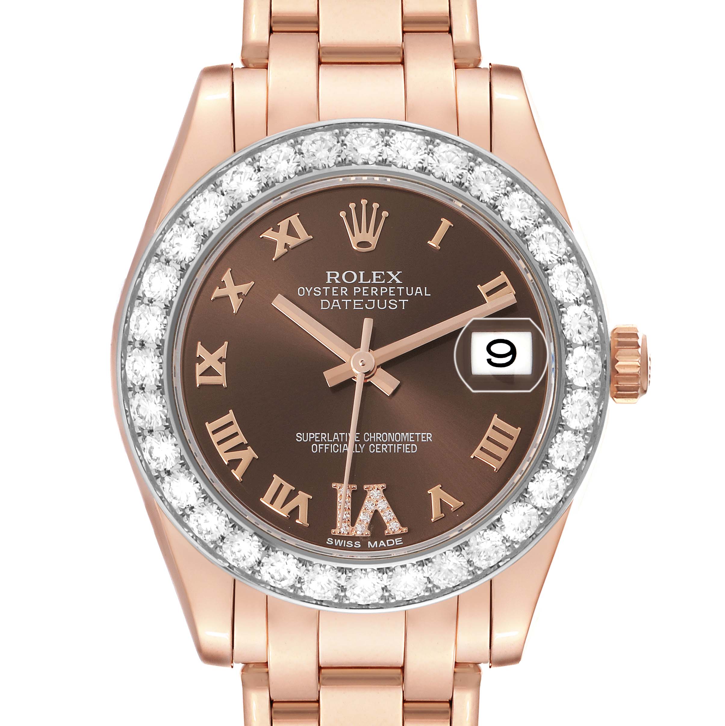 The image shows a front view of the Rolex Pearlmaster 81285 Women's Rose Gold Brown Dial watch, highlighting the dial, bezel, and part of the bracelet.