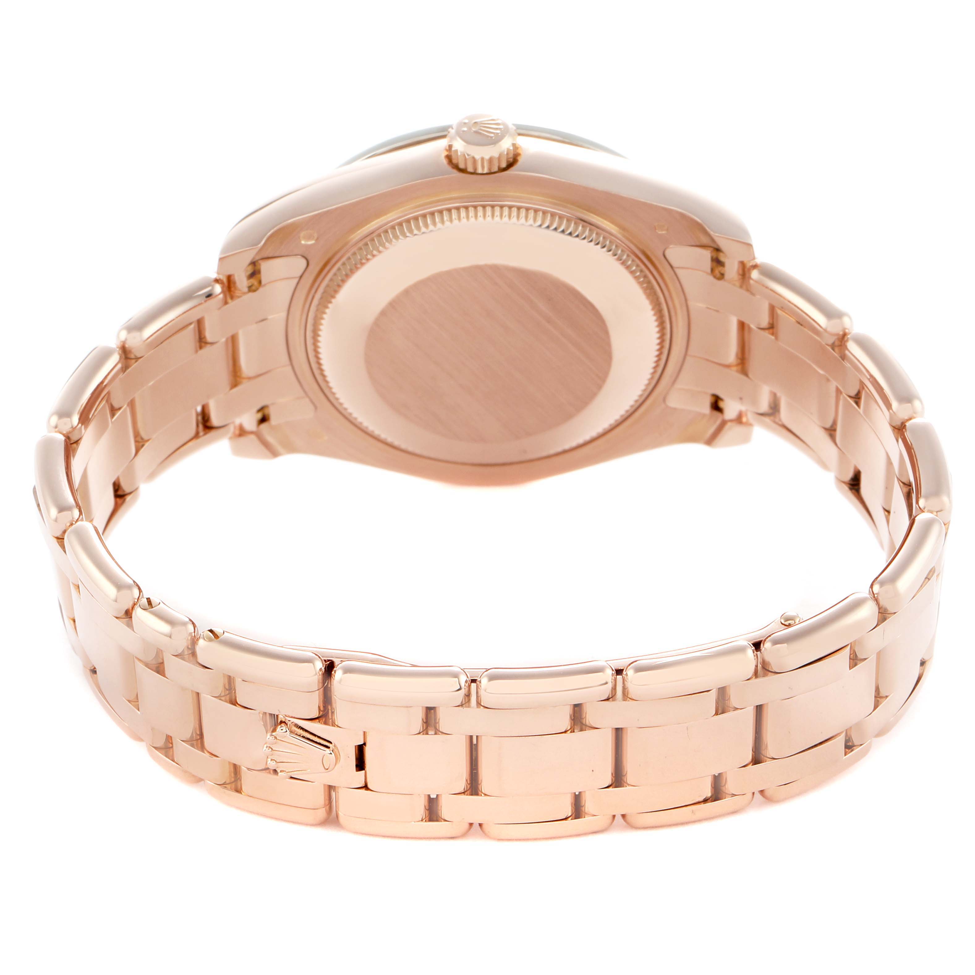 The image shows the back and side of the case and bracelet of a Rolex Pearlmaster 81285 Women's Rose Gold Brown Dial watch.