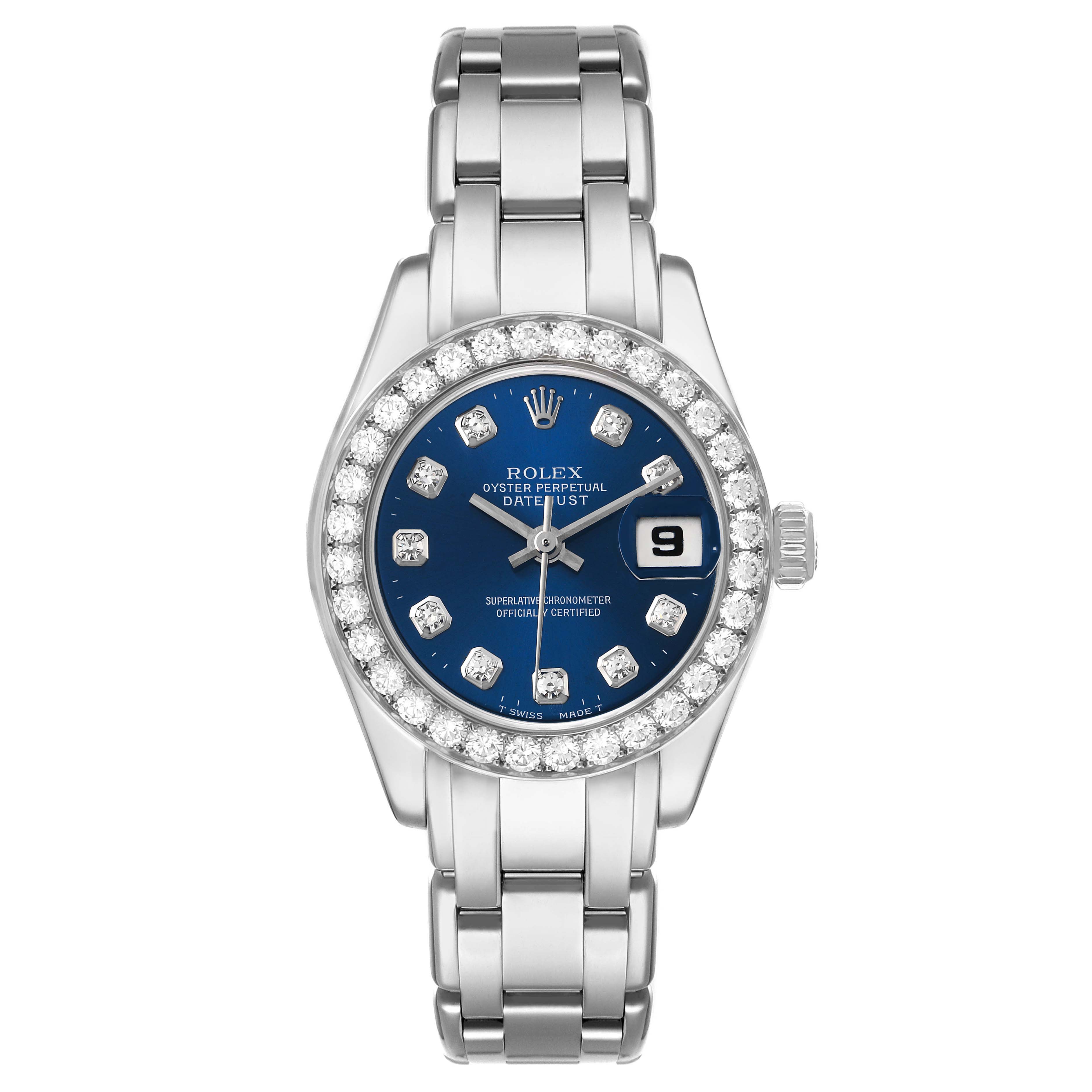 The Rolex Pearlmaster 69299 Women
s White Gold Blue Dial 69299 Women
s White Gold Blue Dial watch is shown from a top-down angle, highlighting its dial, bezel, and bracelet.