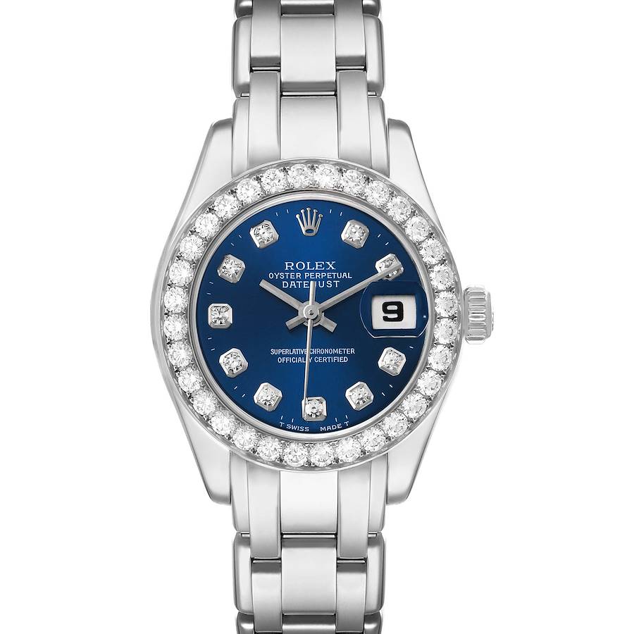 Rolex Pearlmaster White Gold Blue  Diamond Dial Bezel Watch 69299 SwissWatchExpo