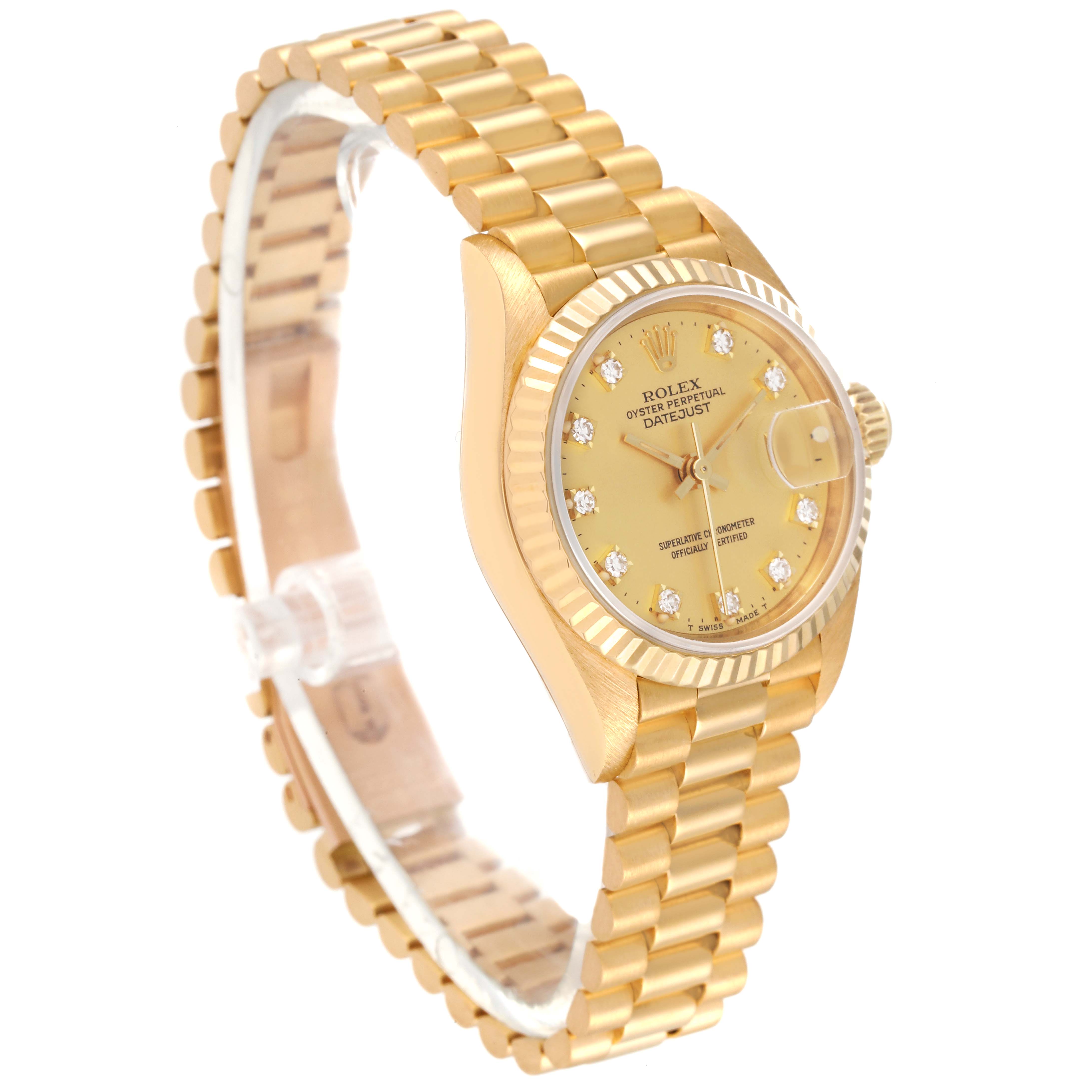 This image shows the Rolex President 69178 Women
s Yellow Gold Champagne Dial 69178 Women
s Yellow Gold Champagne Dial model watch at a three-quarter angle, highlighting the dial, bezel, and bracelet.