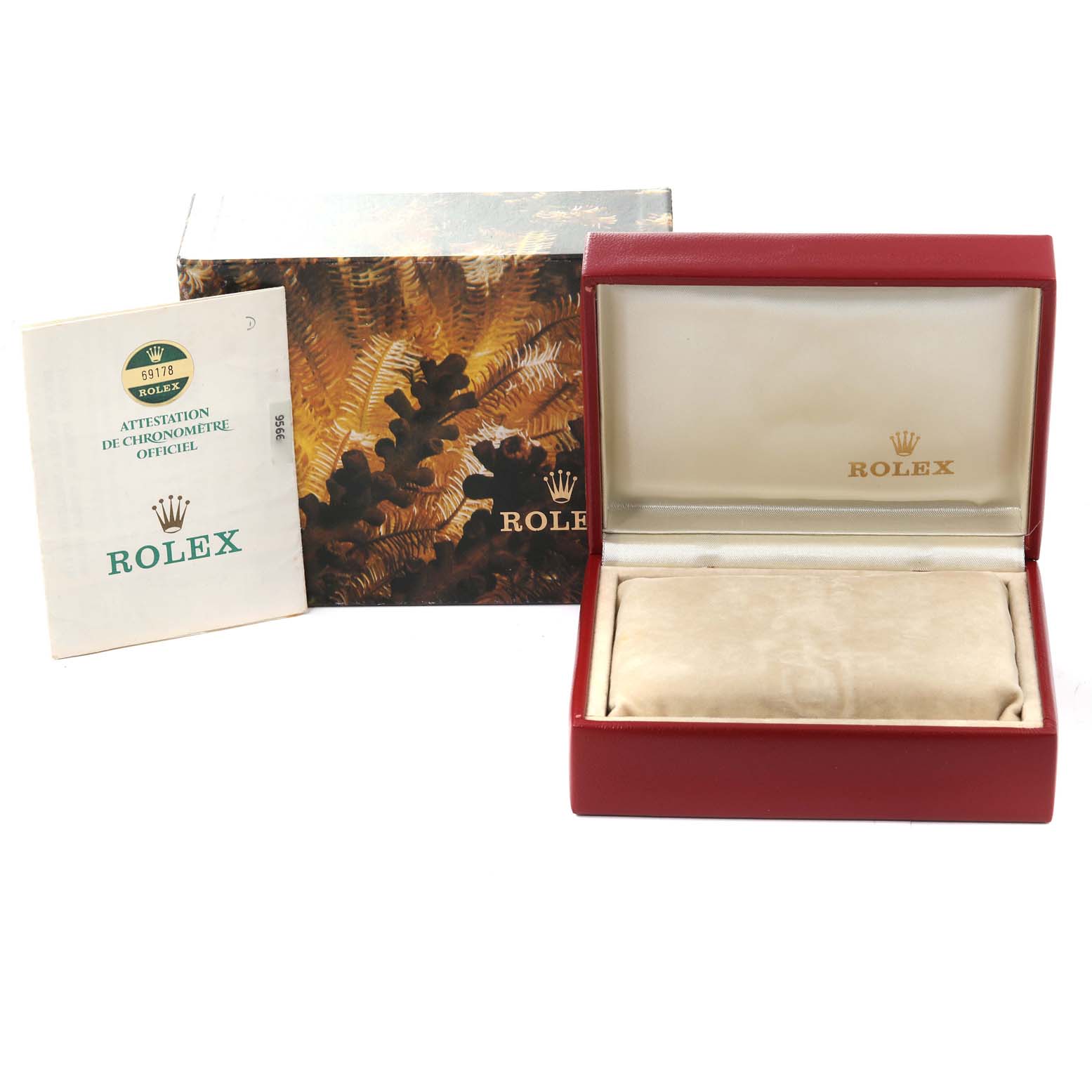 The image shows the packaging, a certificate, and an empty display case for a Rolex President 69178 Women
s Yellow Gold Champagne Dial 69178 Women
s Yellow Gold Champagne Dial model watch.