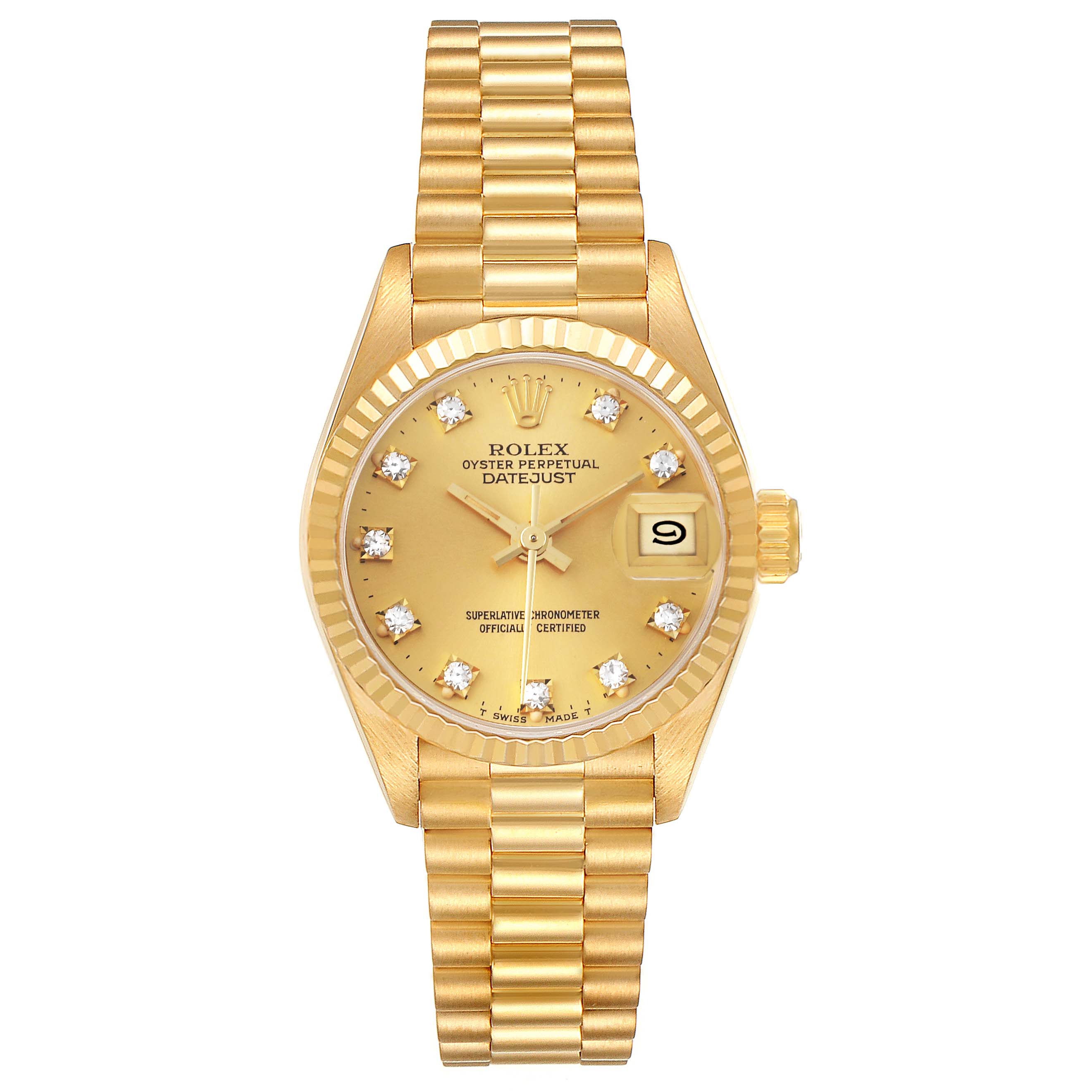 This image shows a Rolex President 69178 Women
s Yellow Gold Champagne Dial 69178 Women
s Yellow Gold Champagne Dial model watch from a top-down angle, featuring its gold bracelet, fluted bezel, and diamond hour markers.