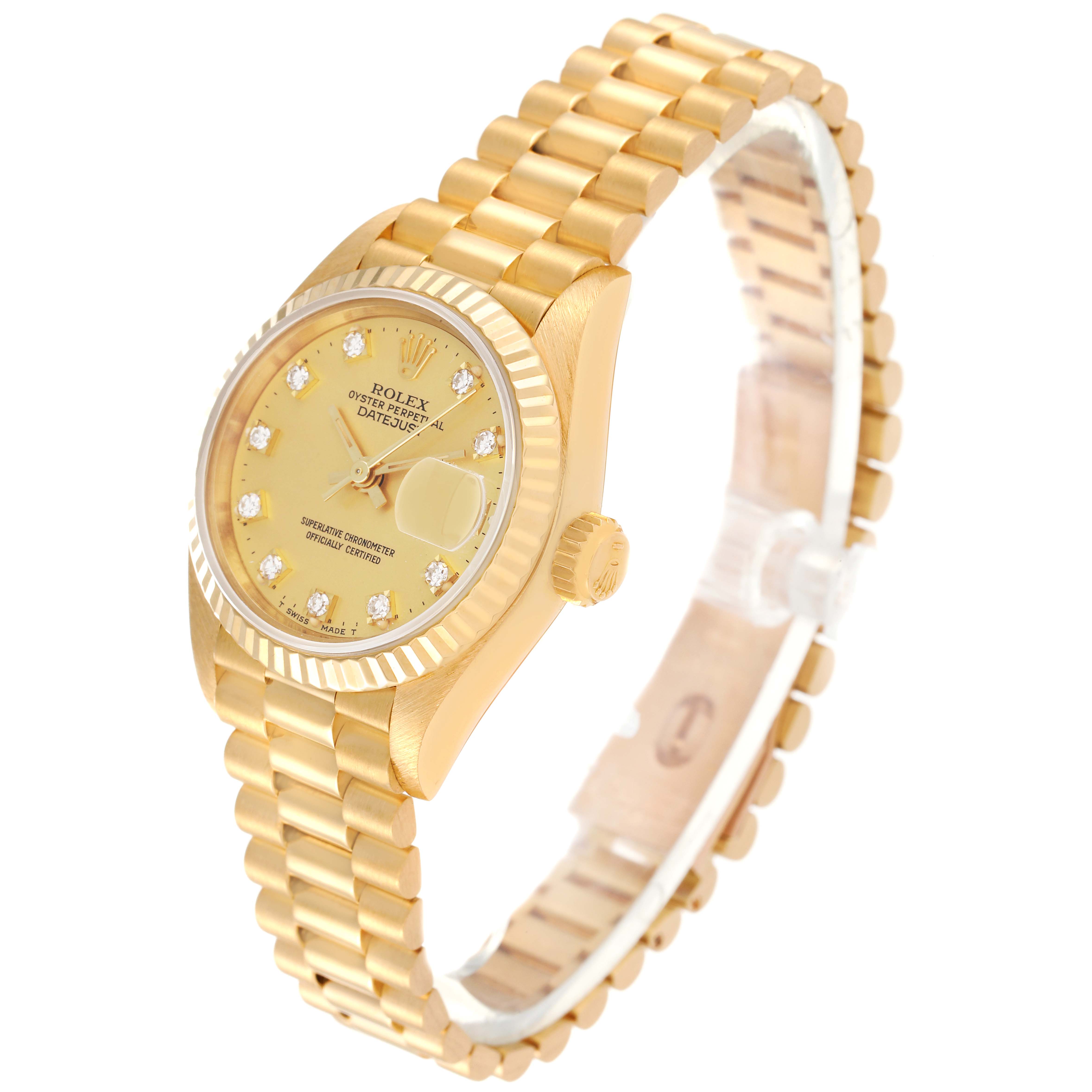 The image shows a Rolex President 69178 Women
s Yellow Gold Champagne Dial 69178 Women
s Yellow Gold Champagne Dial model watch angled to display the face, dial, bezel, crown, and bracelet.