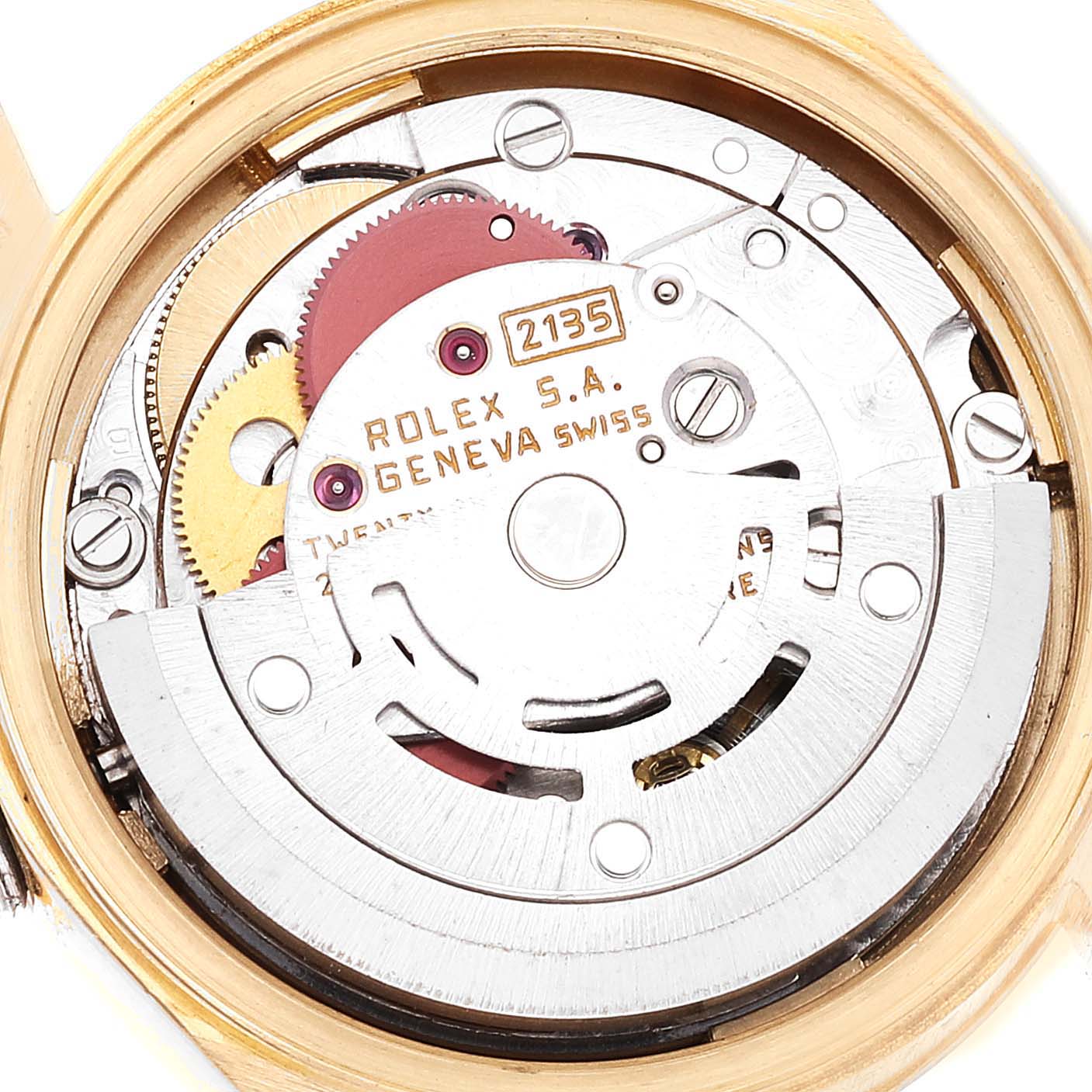 This image shows the inner mechanism of a Rolex President 69178 Women
s Yellow Gold Champagne Dial 69178 Women
s Yellow Gold Champagne Dial model watch, featuring gears and the movement assembly.