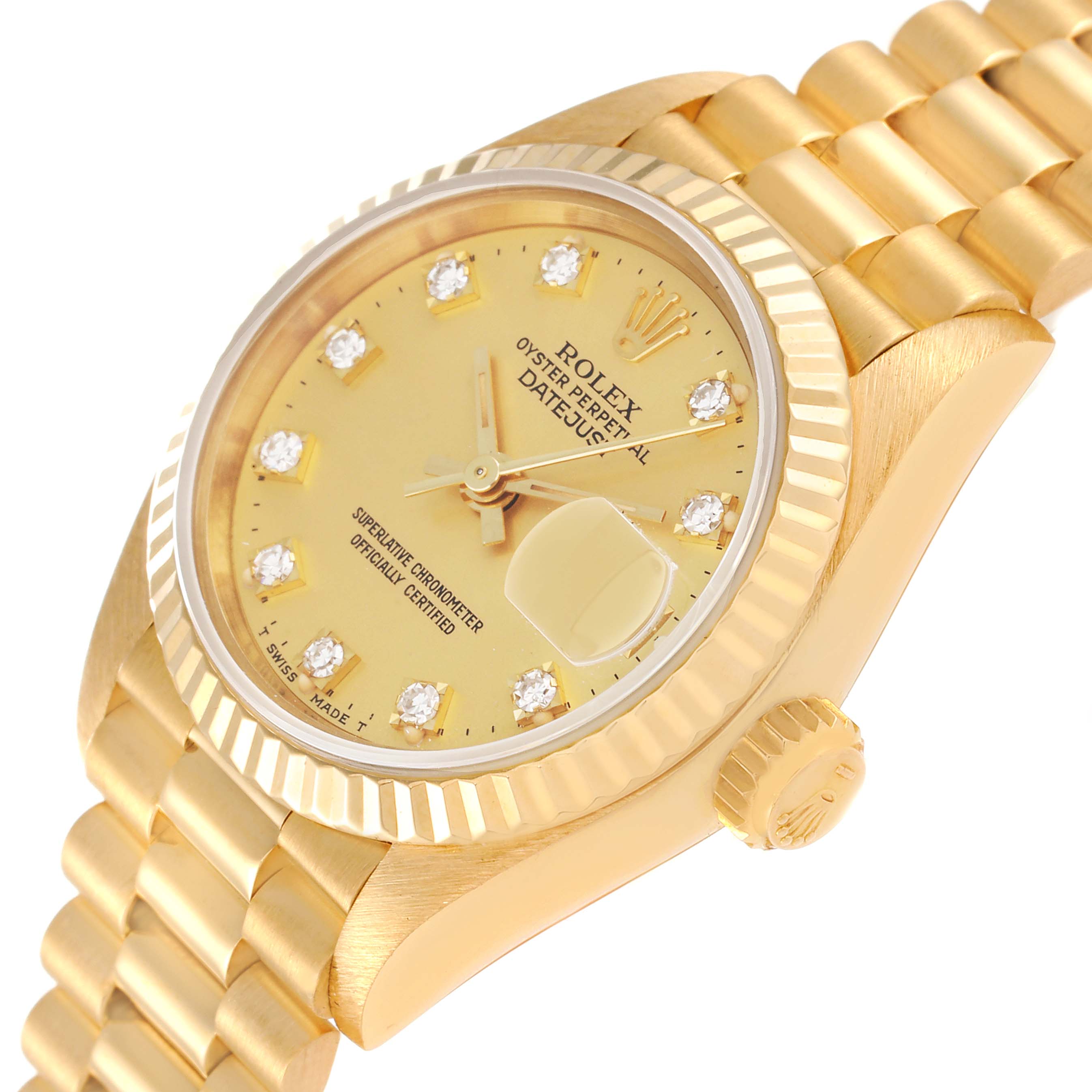 The image shows a close-up angle of the Rolex President 69178 Women
s Yellow Gold Champagne Dial 69178 Women
s Yellow Gold Champagne Dial model, highlighting its gold watch face, bracelet, diamond hour markers, and crown.