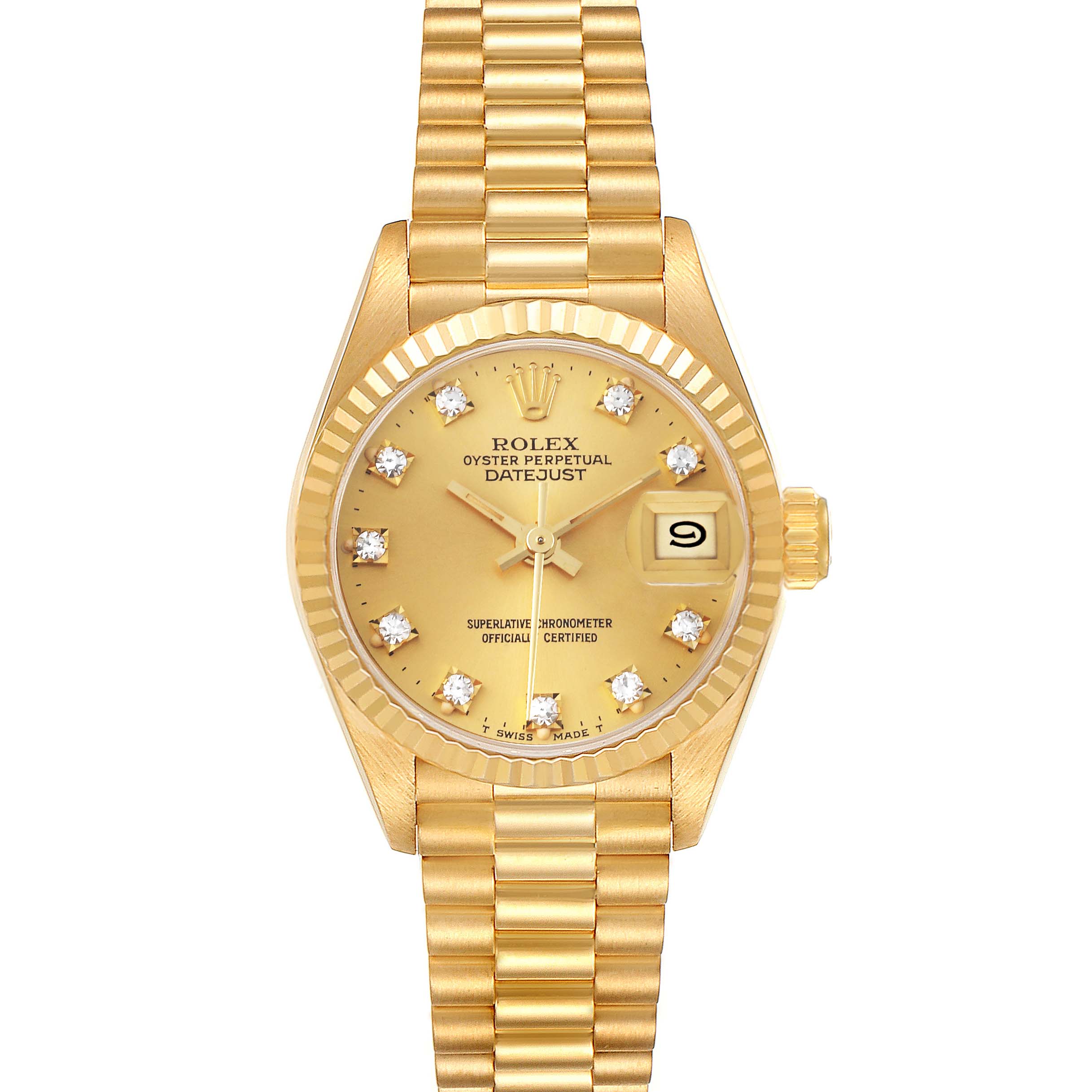 The Rolex President 69178 Women
s Yellow Gold Champagne Dial 69178 Women
s Yellow Gold Champagne Dial model watch is shown from a top-down angle, displaying the face, bezel, and full bracelet.