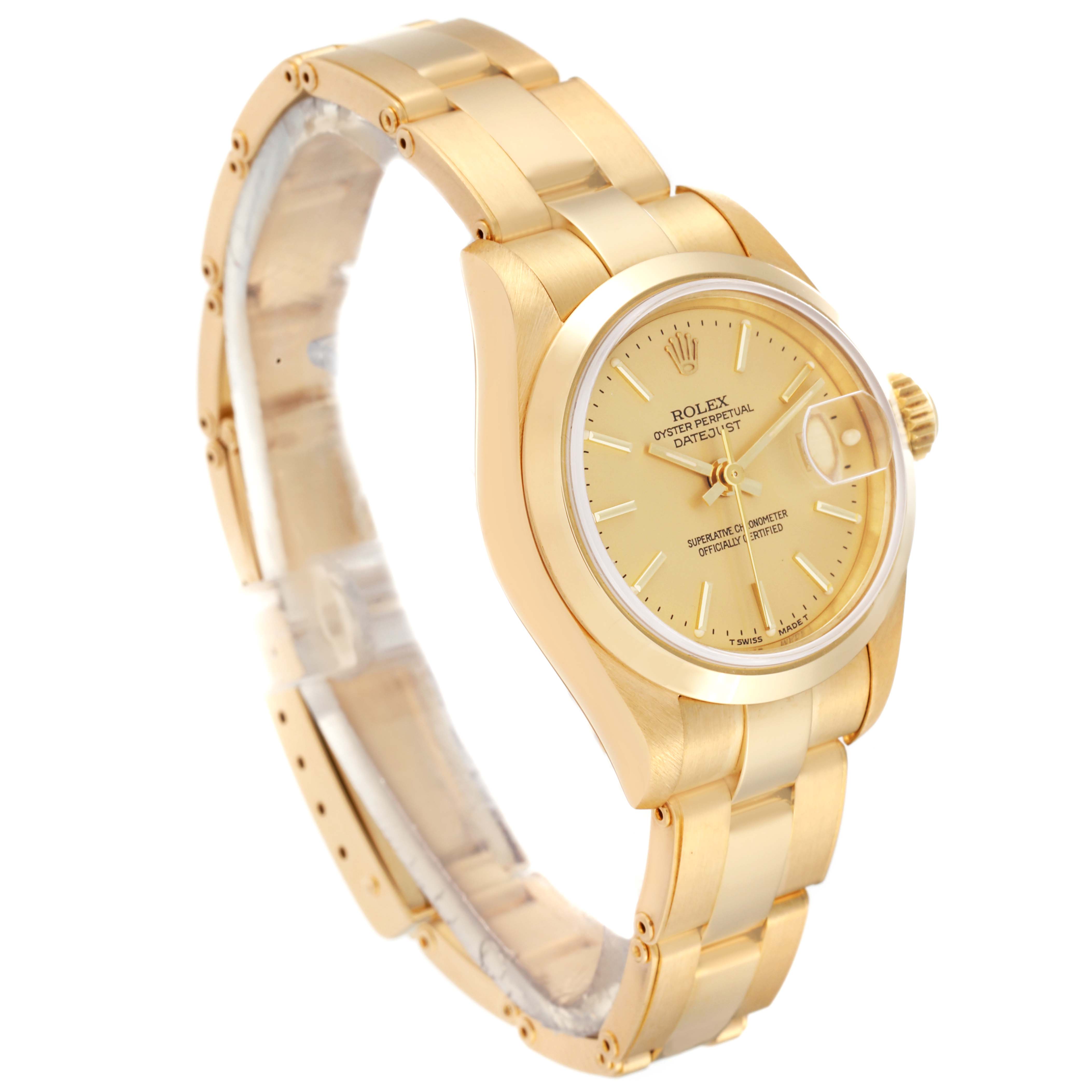 This image shows a Rolex President 69168 Women
s Yellow Gold Champagne Dial 69168 Women
s Yellow Gold Champagne Dial model watch at an oblique angle, displaying the dial, bracelet, and crown.