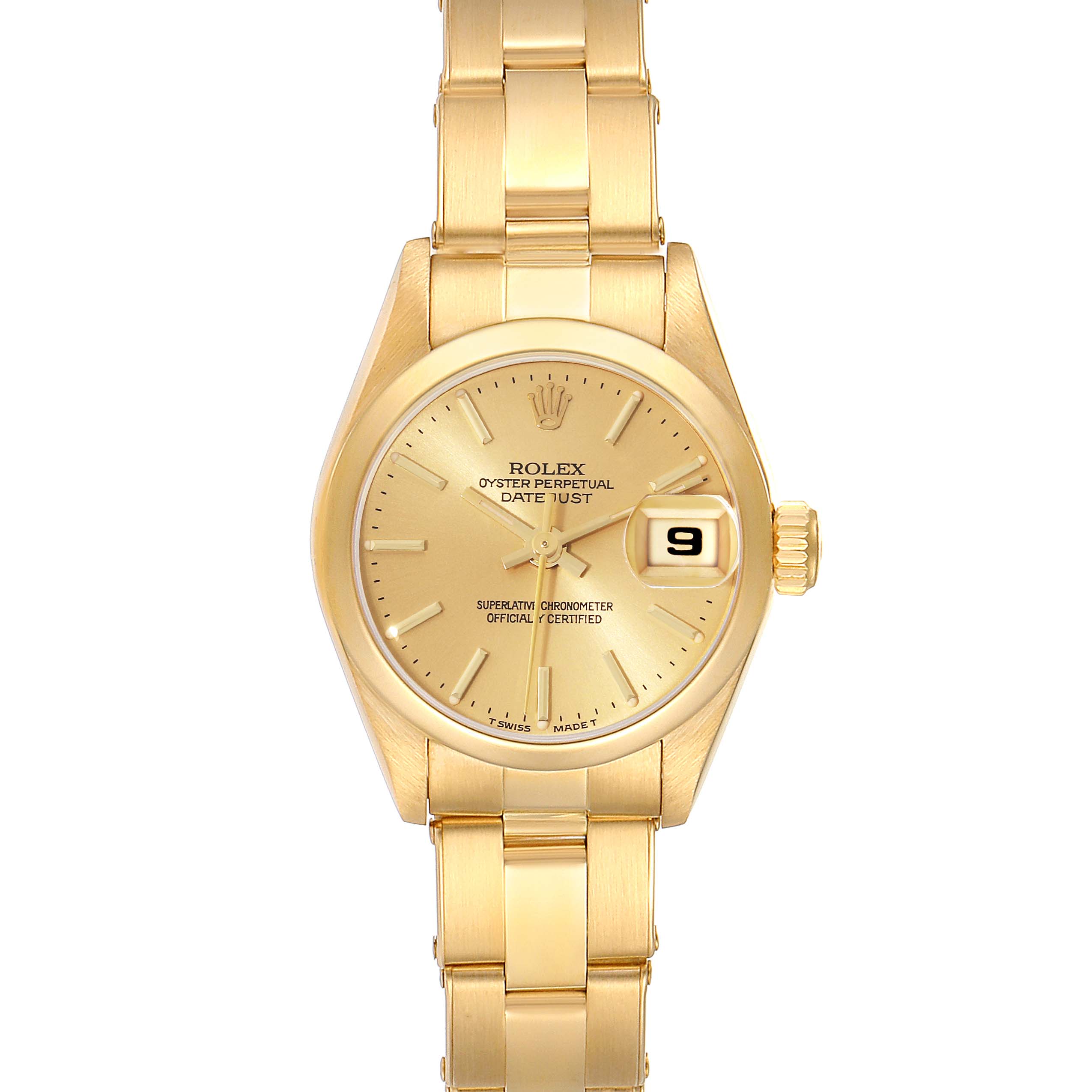 The image shows a Rolex President 69168 Women
s Yellow Gold Champagne Dial 69168 Women
s Yellow Gold Champagne Dial Oyster Perpetual Datejust watch in gold, taken from a front angle highlighting the dial and bracelet.
