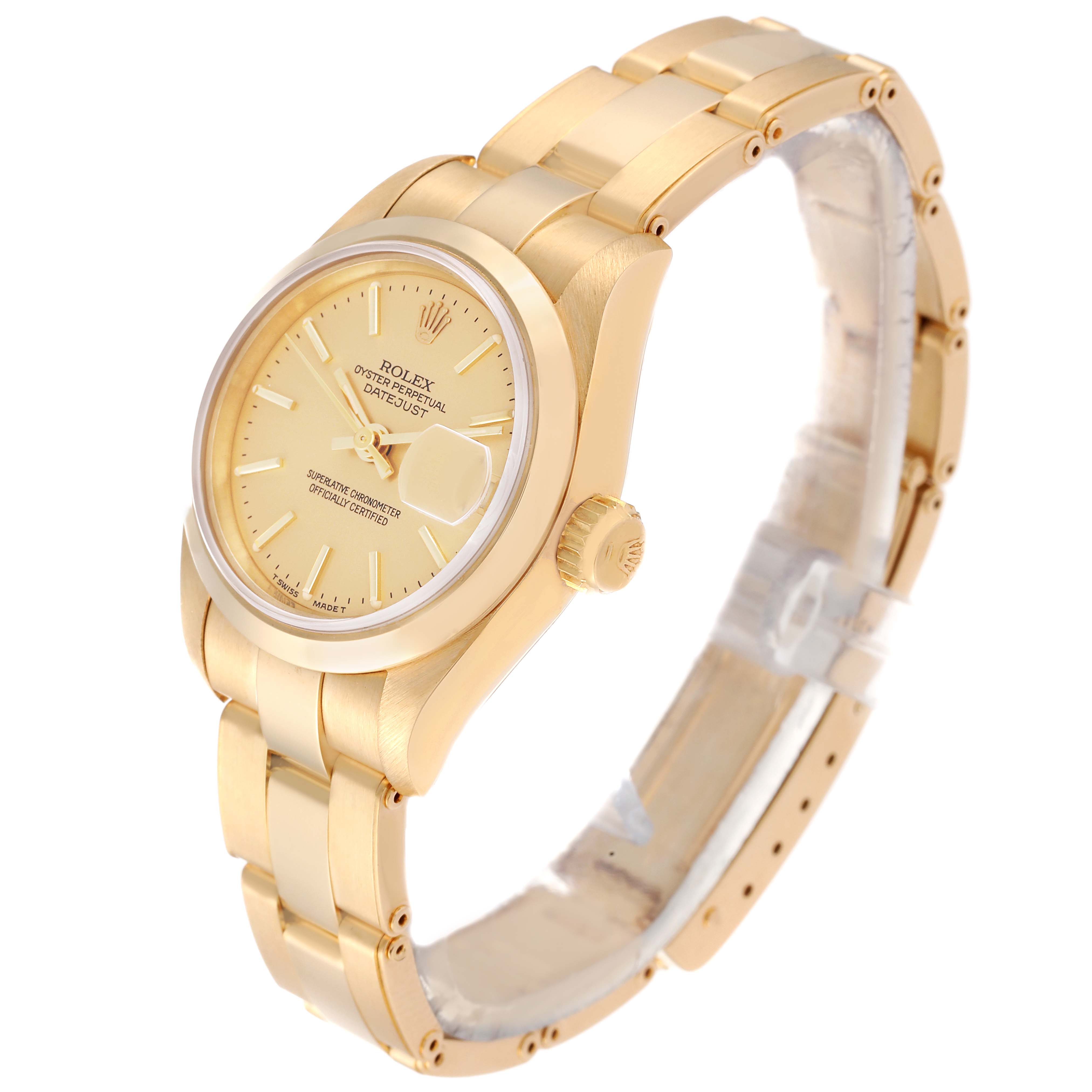 This image shows a Rolex President 69168 Women
s Yellow Gold Champagne Dial 69168 Women
s Yellow Gold Champagne Dial model watch at a three-quarter angle, displaying its face, bracelet, and crown.