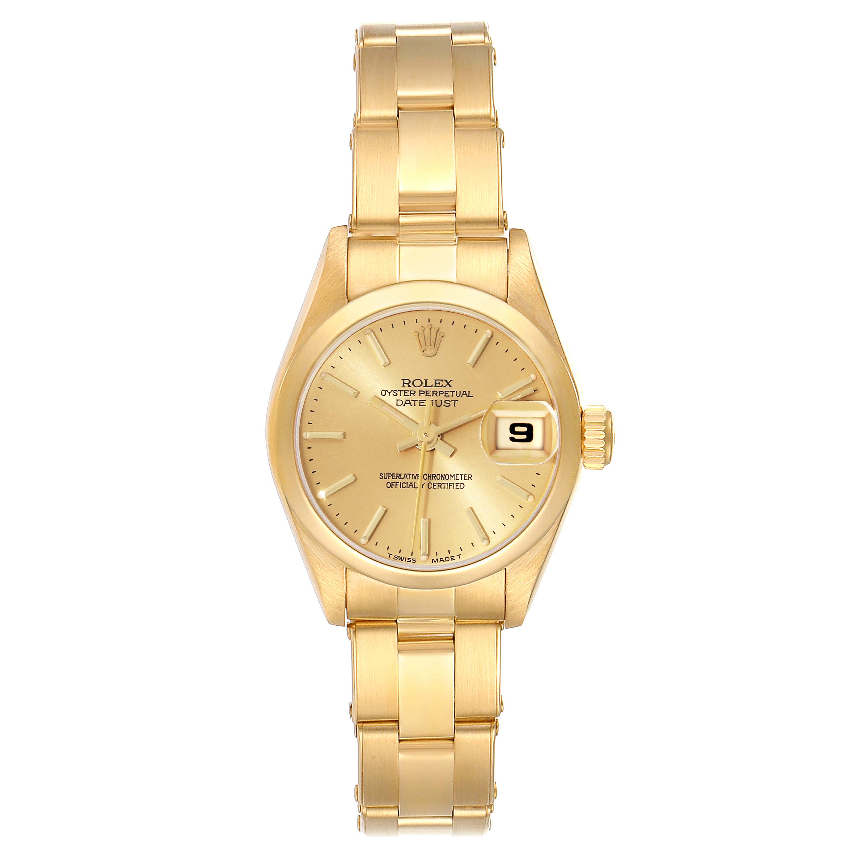 The image shows a frontal view of a gold Rolex President 69168 Women
s Yellow Gold Champagne Dial 69168 Women
s Yellow Gold Champagne Dial model wristwatch, highlighting its face, dial, bracelet, and crown.