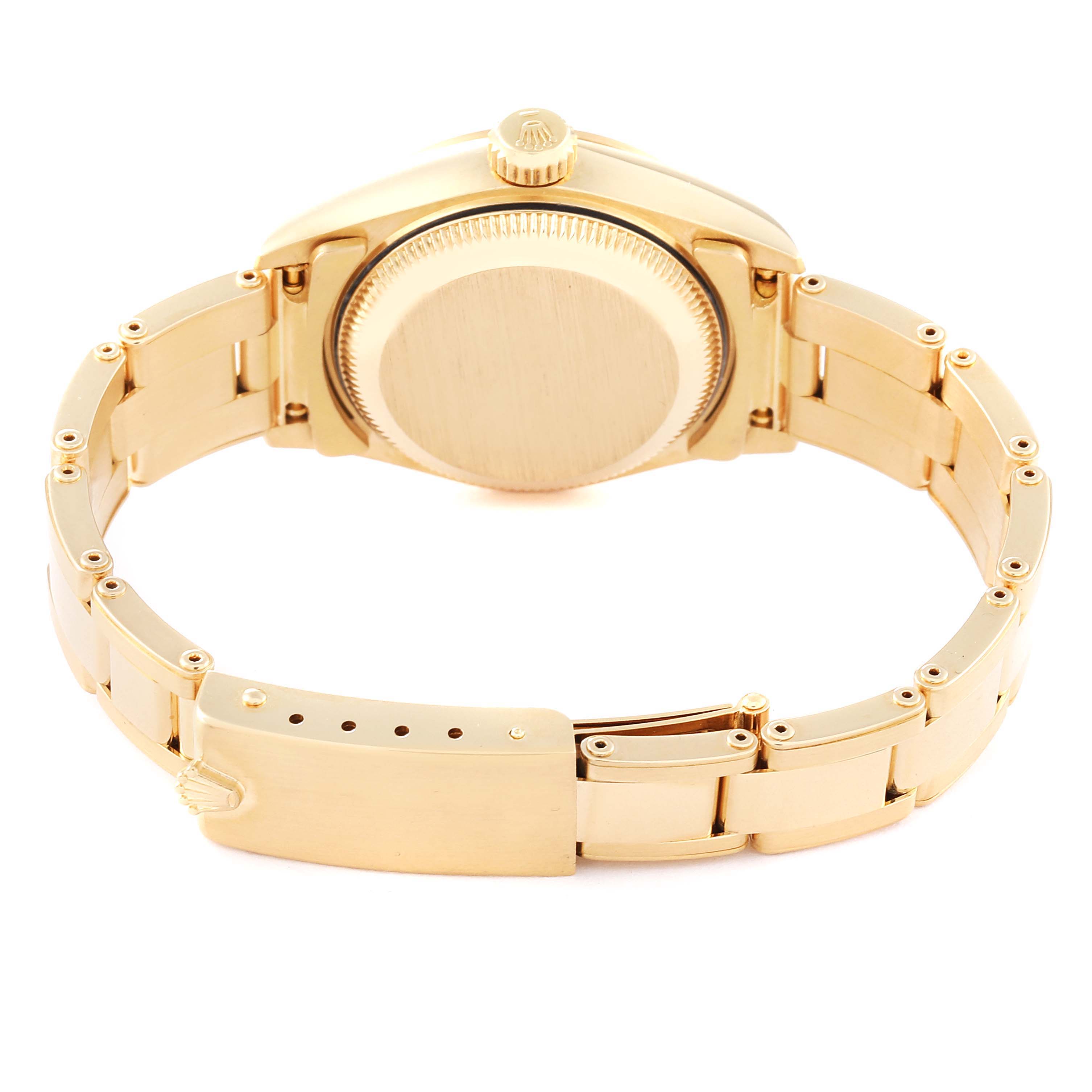 The image shows the rear view of a Rolex President 69168 Women
s Yellow Gold Champagne Dial 69168 Women
s Yellow Gold Champagne Dial model watch, highlighting the case back, crown, and bracelet clasp.