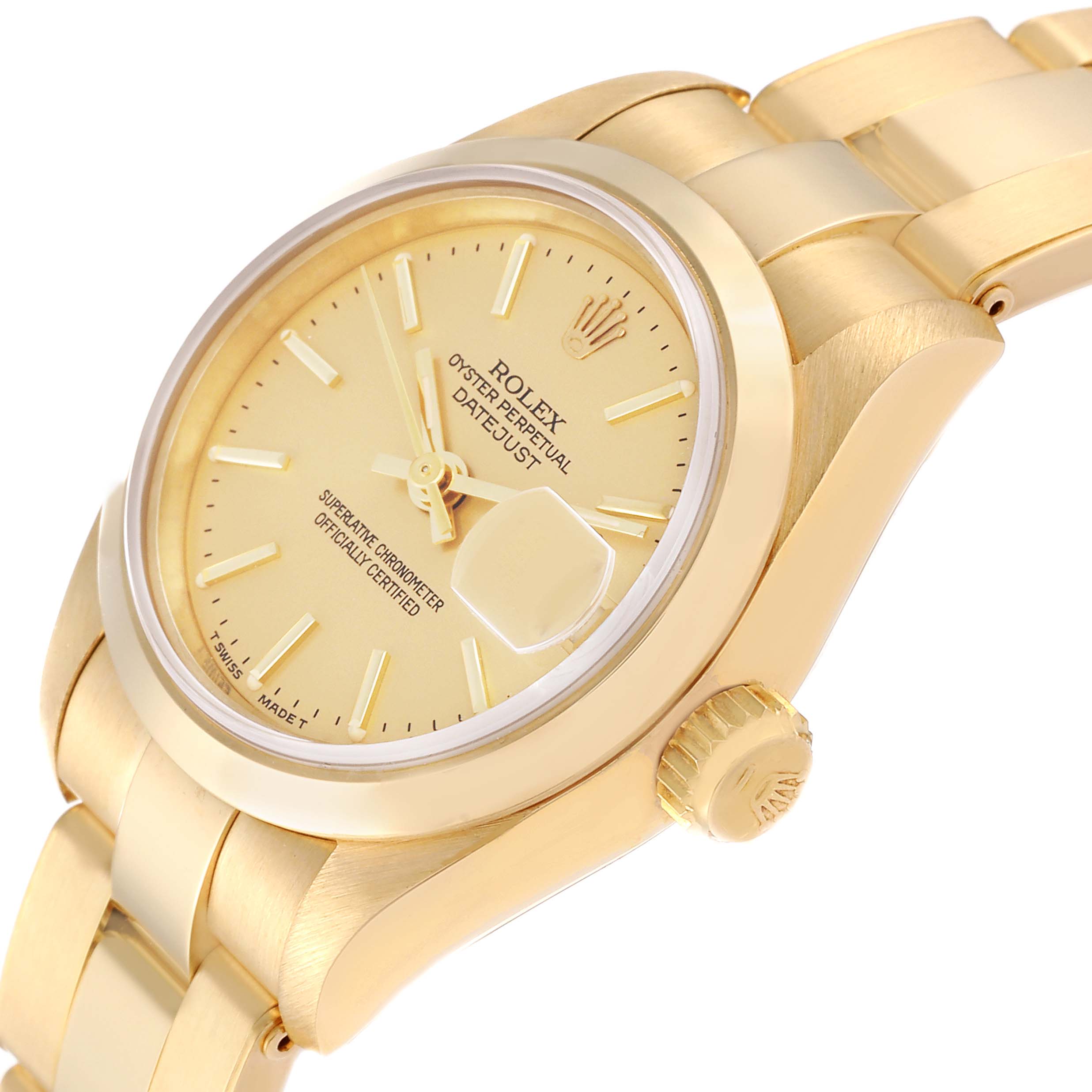 The image shows a side angle of a gold Rolex President 69168 Women
s Yellow Gold Champagne Dial 69168 Women
s Yellow Gold Champagne Dial watch, highlighting the dial, crown, and part of the bracelet.