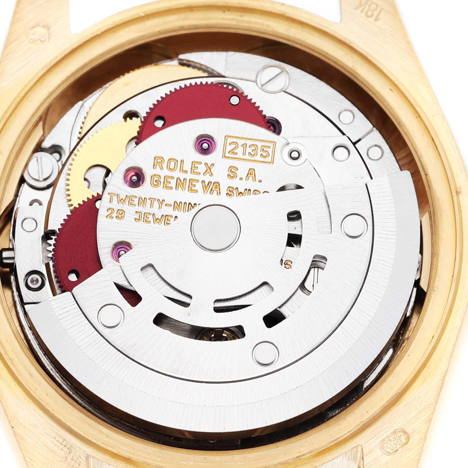 The image shows the inner movement mechanism of the Rolex President 69168 Women
s Yellow Gold Champagne Dial 69168 Women
s Yellow Gold Champagne Dial model watch from the back angle.
