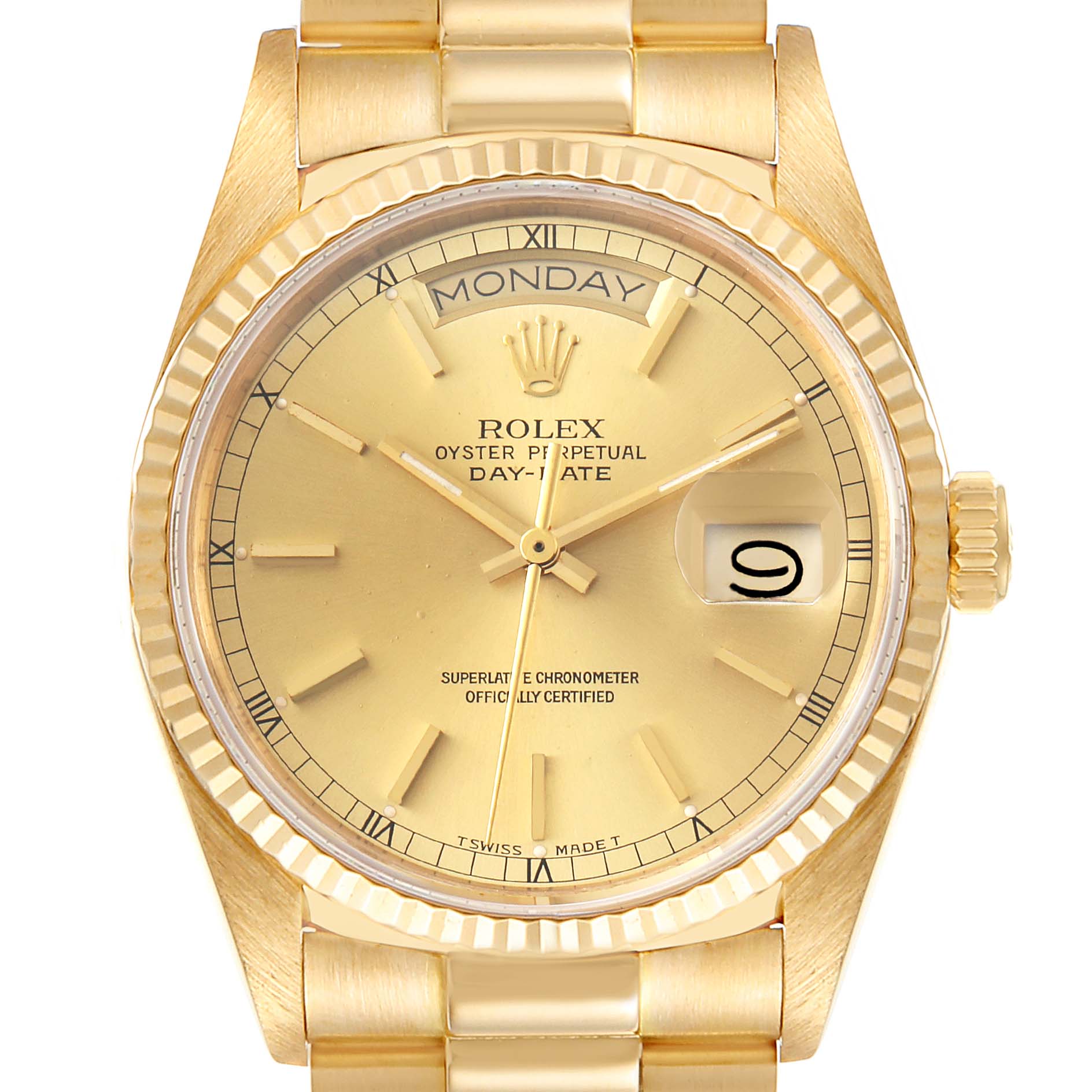 This Rolex President 18038 Men
s Yellow Gold Champagne Dial 18038 Men
s Yellow Gold Champagne Dial model watch is shown from a straight-on angle, highlighting its face, bezel, and part of the bracelet.