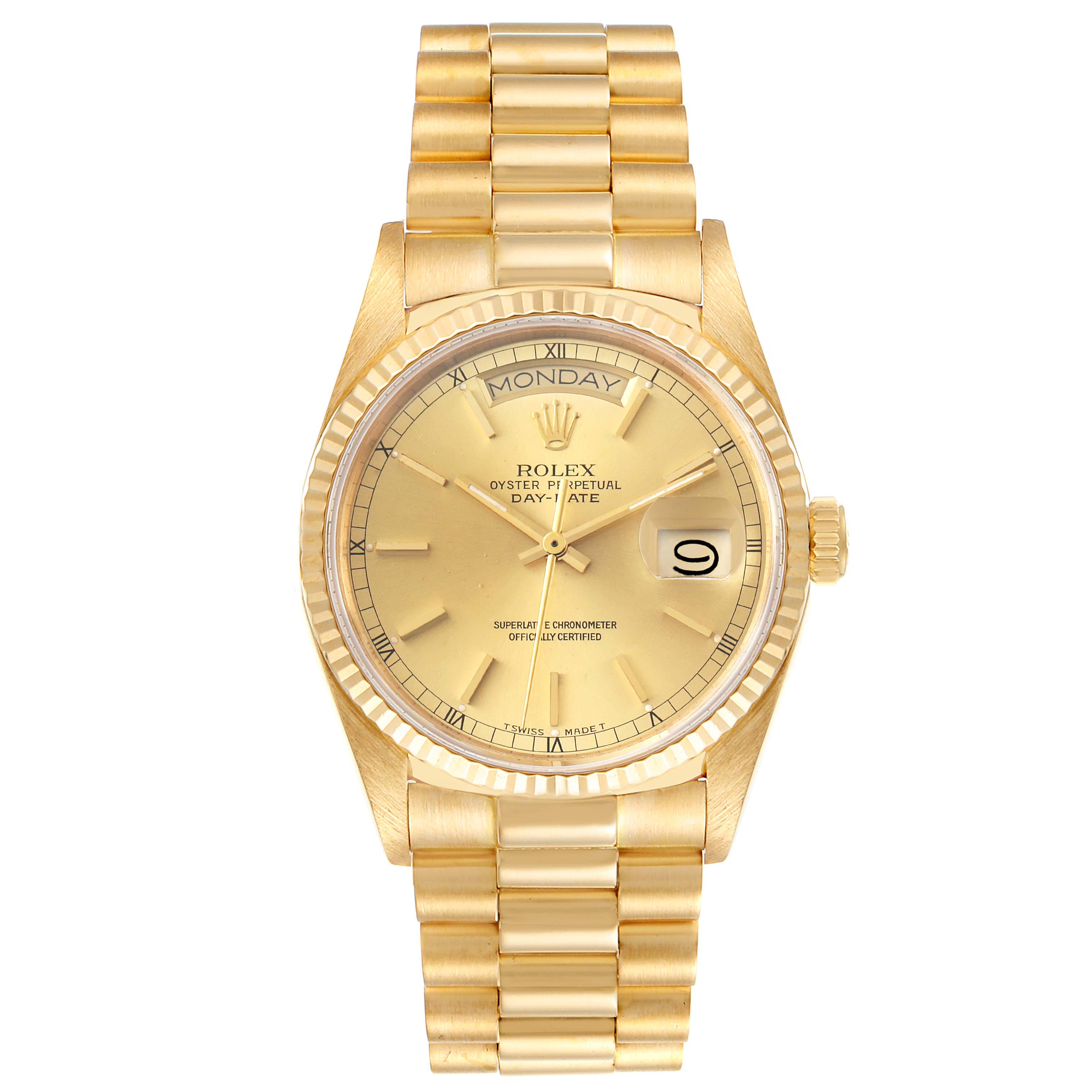 This image shows a frontal view of the Rolex President 18038 Men
s Yellow Gold Champagne Dial 18038 Men
s Yellow Gold Champagne Dial model watch, highlighting the dial, bezel, bracelet, and crown.