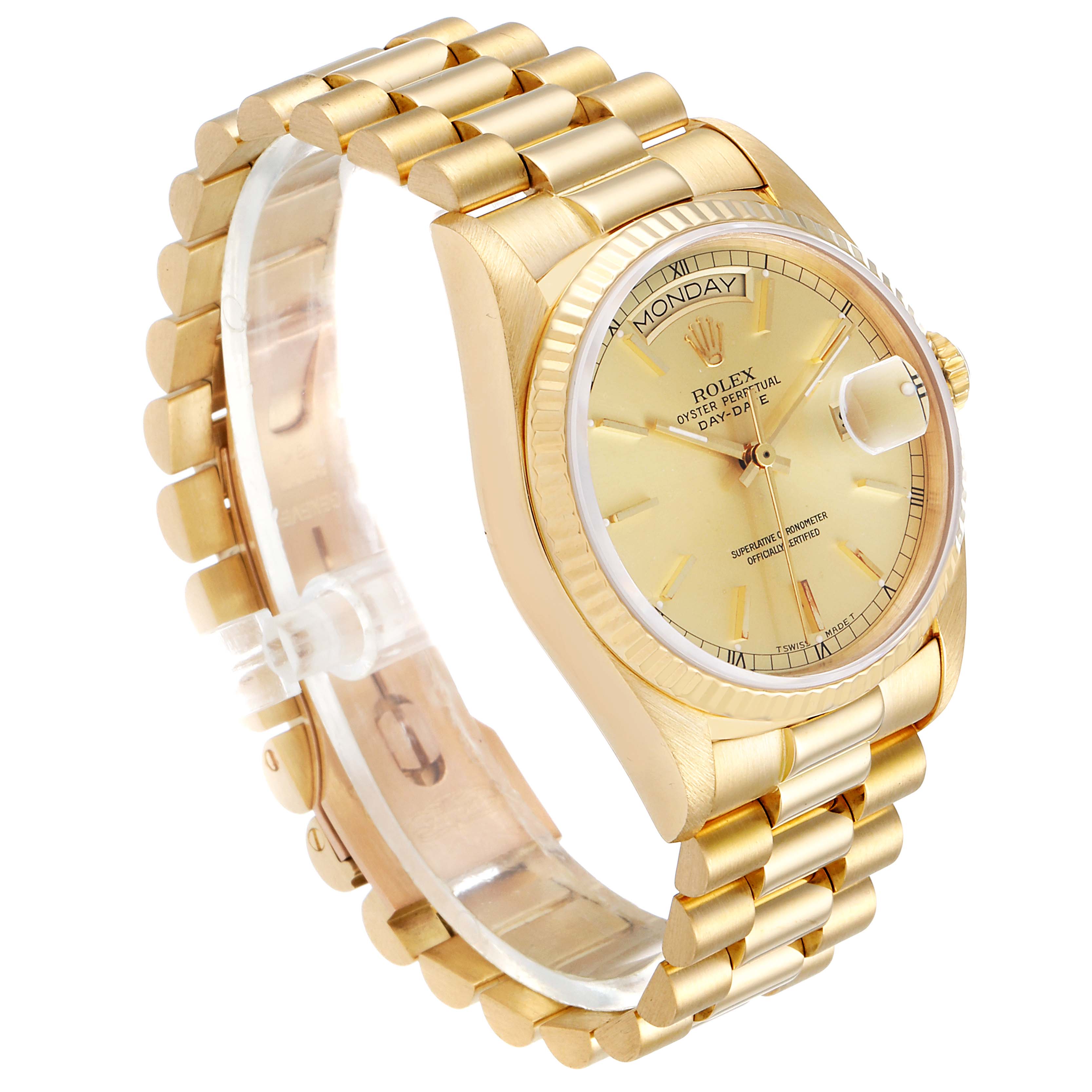 The image shows a side-angle view of a Rolex President 18038 Men
s Yellow Gold Champagne Dial 18038 Men
s Yellow Gold Champagne Dial model watch, highlighting the bracelet, case, dial, and day-date feature.