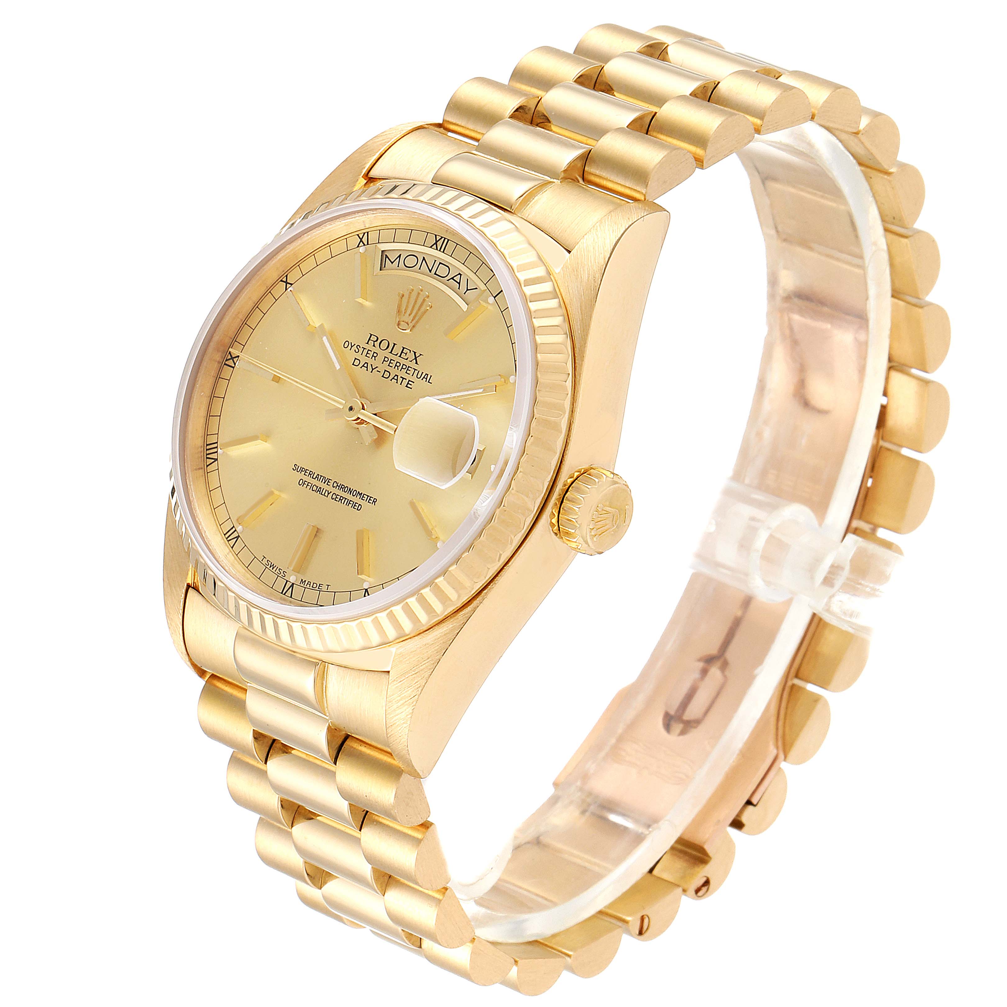 This image shows a gold Rolex President 18038 Men
s Yellow Gold Champagne Dial 18038 Men
s Yellow Gold Champagne Dial model watch at a three-quarter angle, highlighting the band, dial, and crown.