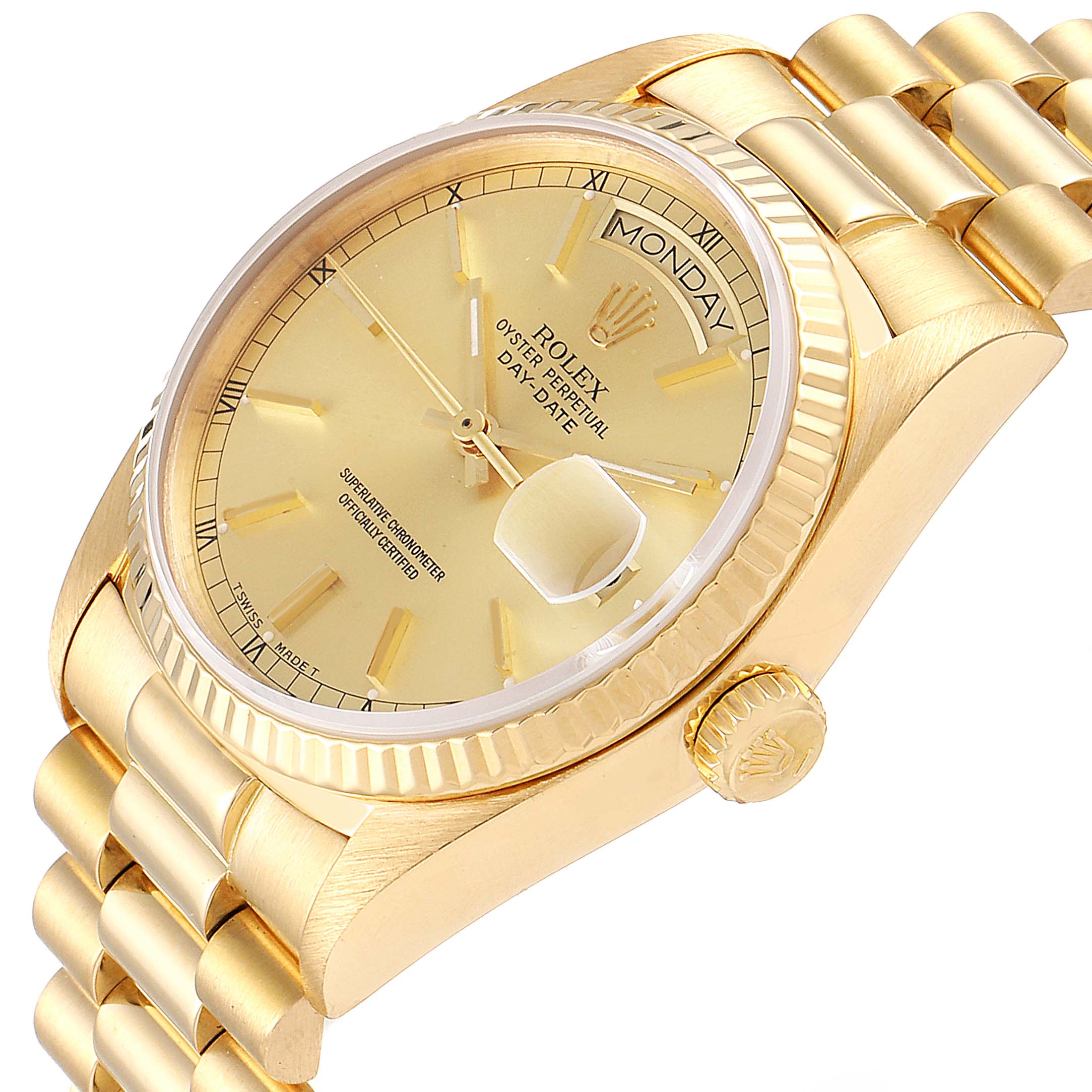 The image shows a side and front angle of a Rolex President 18038 Men
s Yellow Gold Champagne Dial 18038 Men
s Yellow Gold Champagne Dial model watch, highlighting the dial, crown, and bracelet.