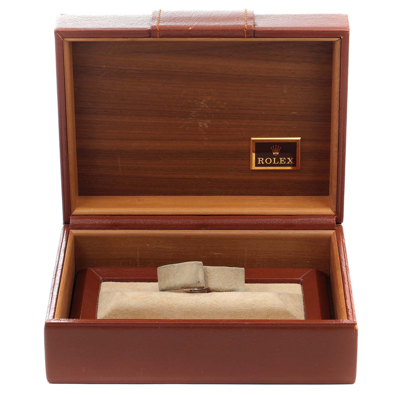 The image shows an open Rolex watch box for the President model, displaying the cushion but without the watch.