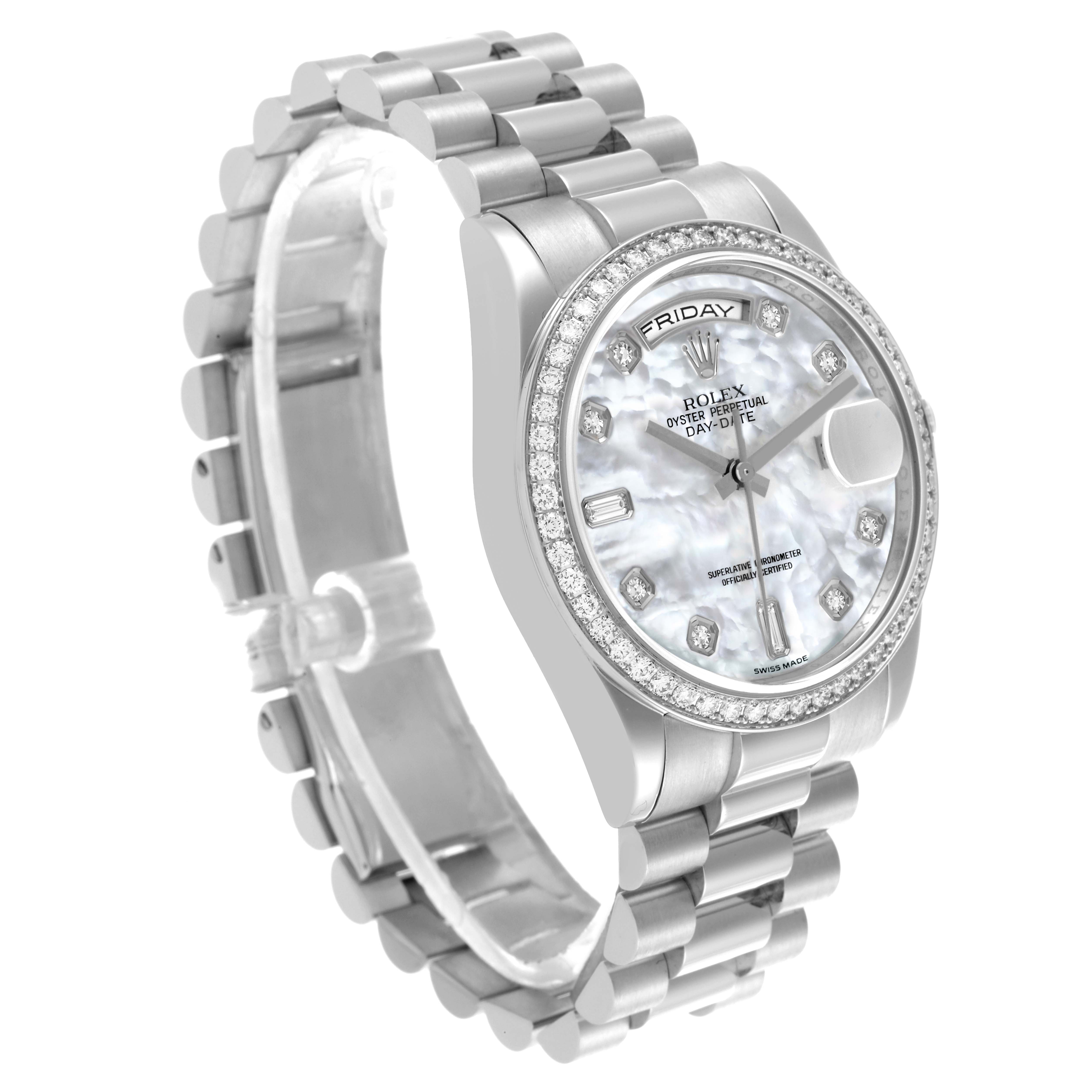 The Rolex President 118346NG Men
s Platinum Mother of Pearl Dial 118346NG Men
s Platinum Mother of Pearl Dial watch is shown from a slightly tilted angle, highlighting the bezel, dial, and bracelet.
