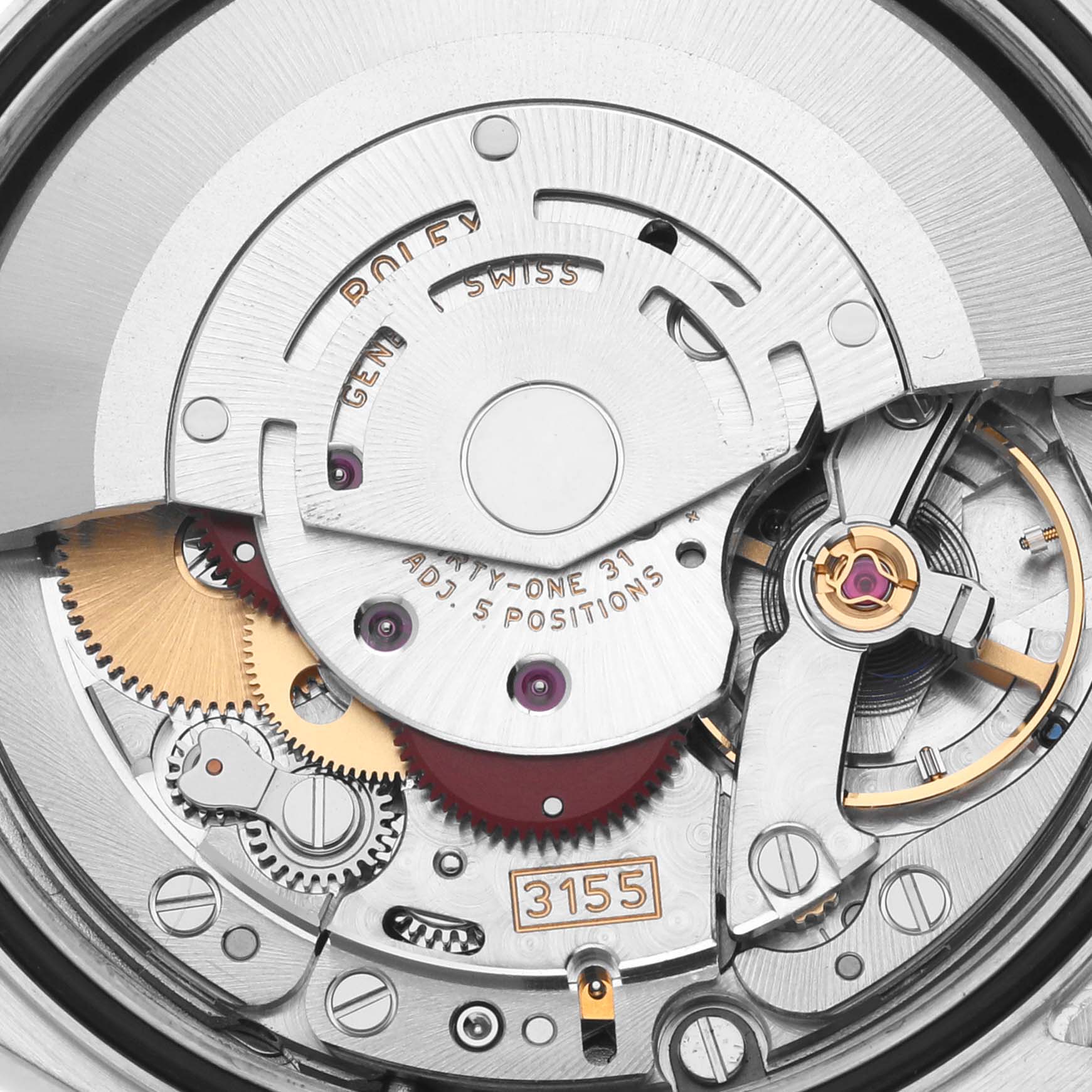 The image shows the intricate movement of a Rolex President 118346NG Men
s Platinum Mother of Pearl Dial 118346NG Men
s Platinum Mother of Pearl Dial model watch from the back side.