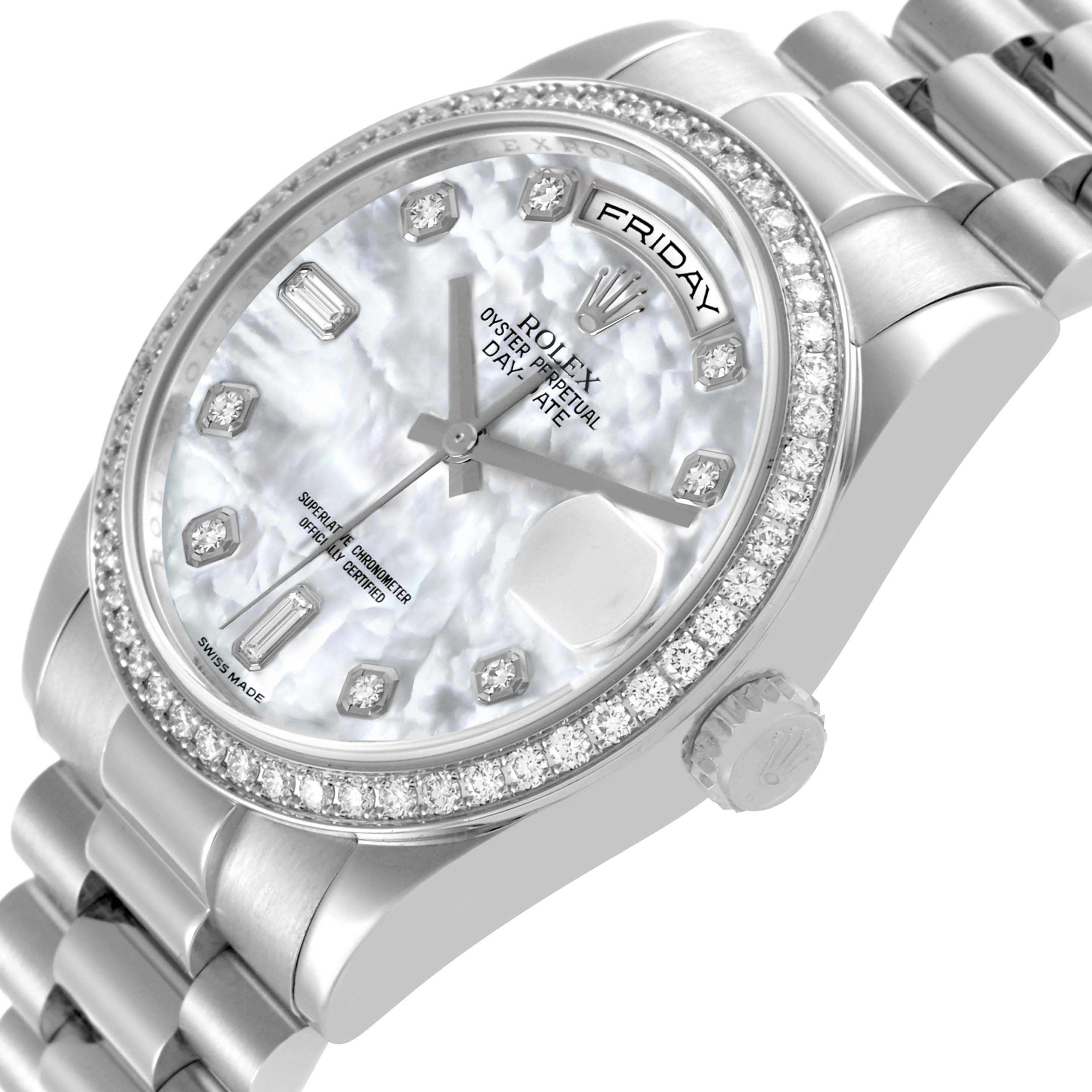 The image shows a side angle of the Rolex President 118346NG Men
s Platinum Mother of Pearl Dial 118346NG Men
s Platinum Mother of Pearl Dial watch, highlighting its bezel, bracelet, and crown.