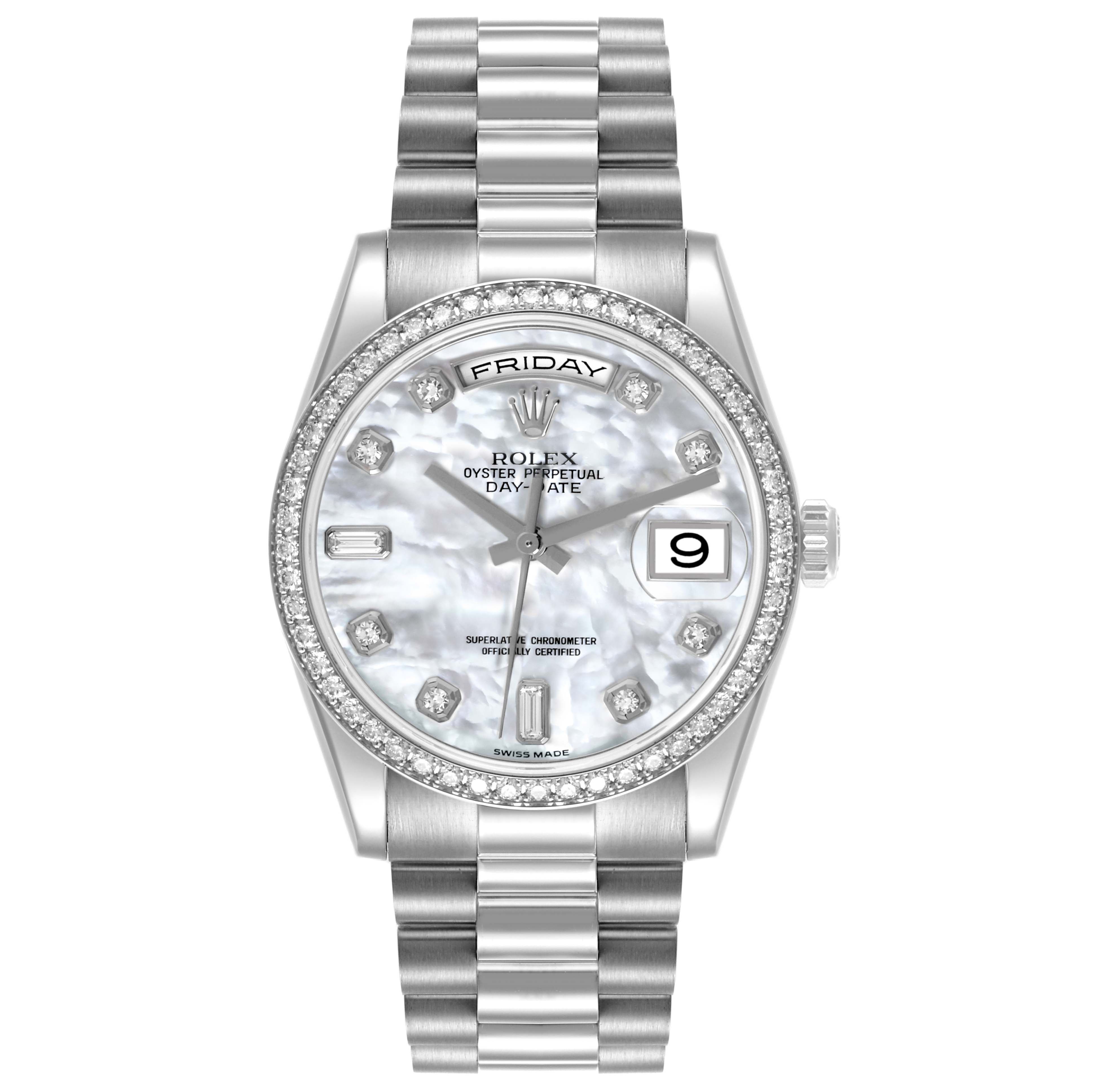 The Rolex President 118346NG Men
s Platinum Mother of Pearl Dial 118346NG Men
s Platinum Mother of Pearl Dial model watch is shown from the front, highlighting the dial, bezel, and bracelet.