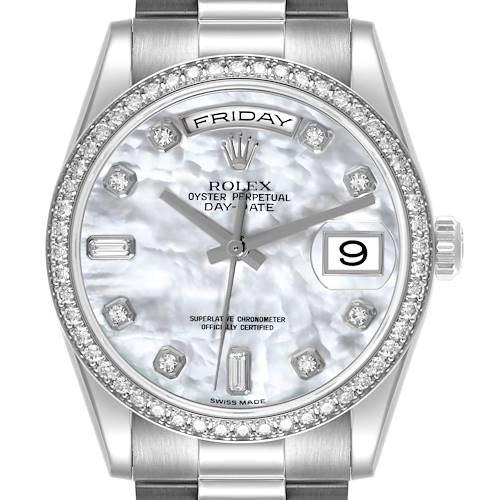 The Rolex President model is shown from the front, featuring the face, bezel, and partial bracelet.