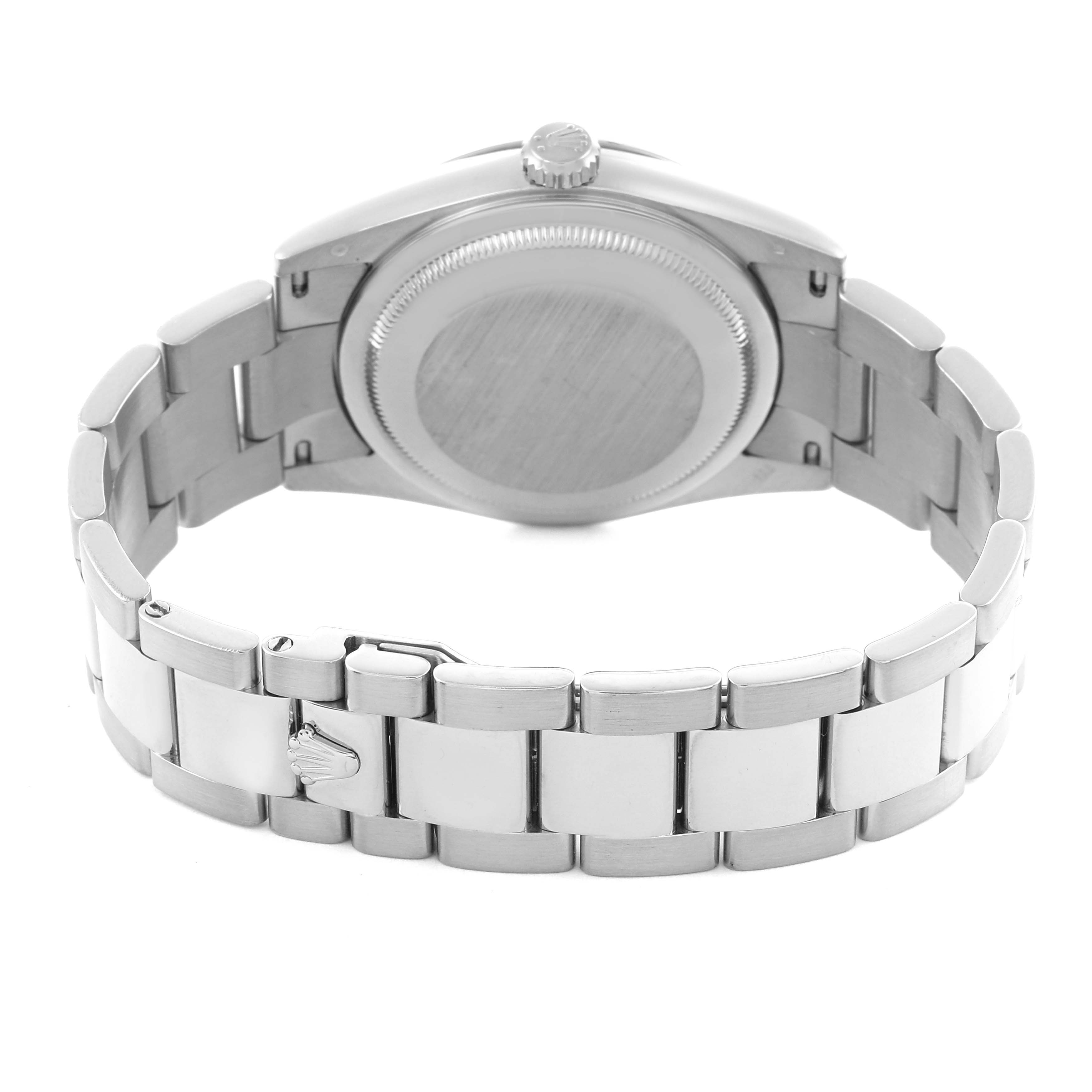 The image shows the back view of a Rolex President 118239 Men's White Gold Blue Dial 118239 Men's White Gold Blue Dial model, highlighting the case back and the bracelet.