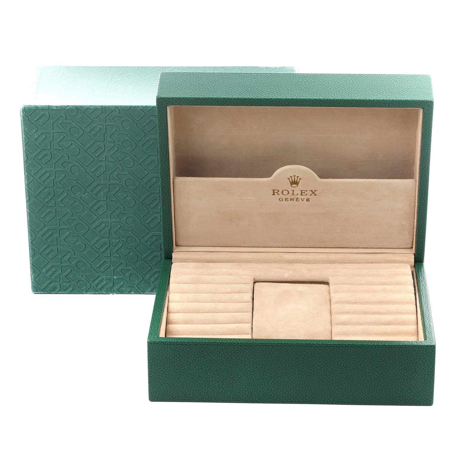 The image shows an open Rolex President 118239 Men's White Gold Blue Dial 118239 Men's White Gold Blue Dial model watch box with velvet lining and space for storage.