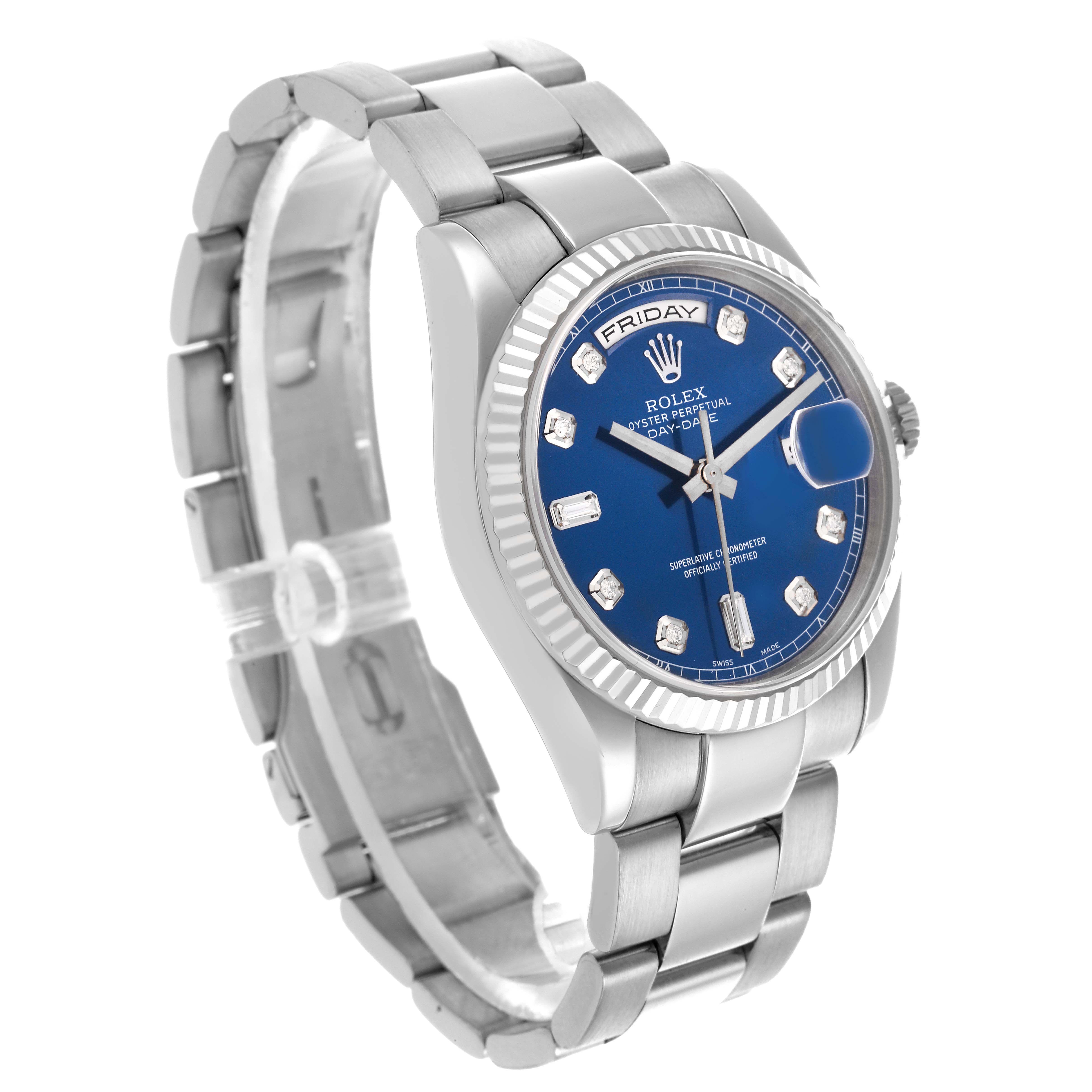 The Rolex President 118239 Men's White Gold Blue Dial 118239 Men's White Gold Blue Dial watch is shown at a three-quarter angle, highlighting the dial, bezel, and bracelet.