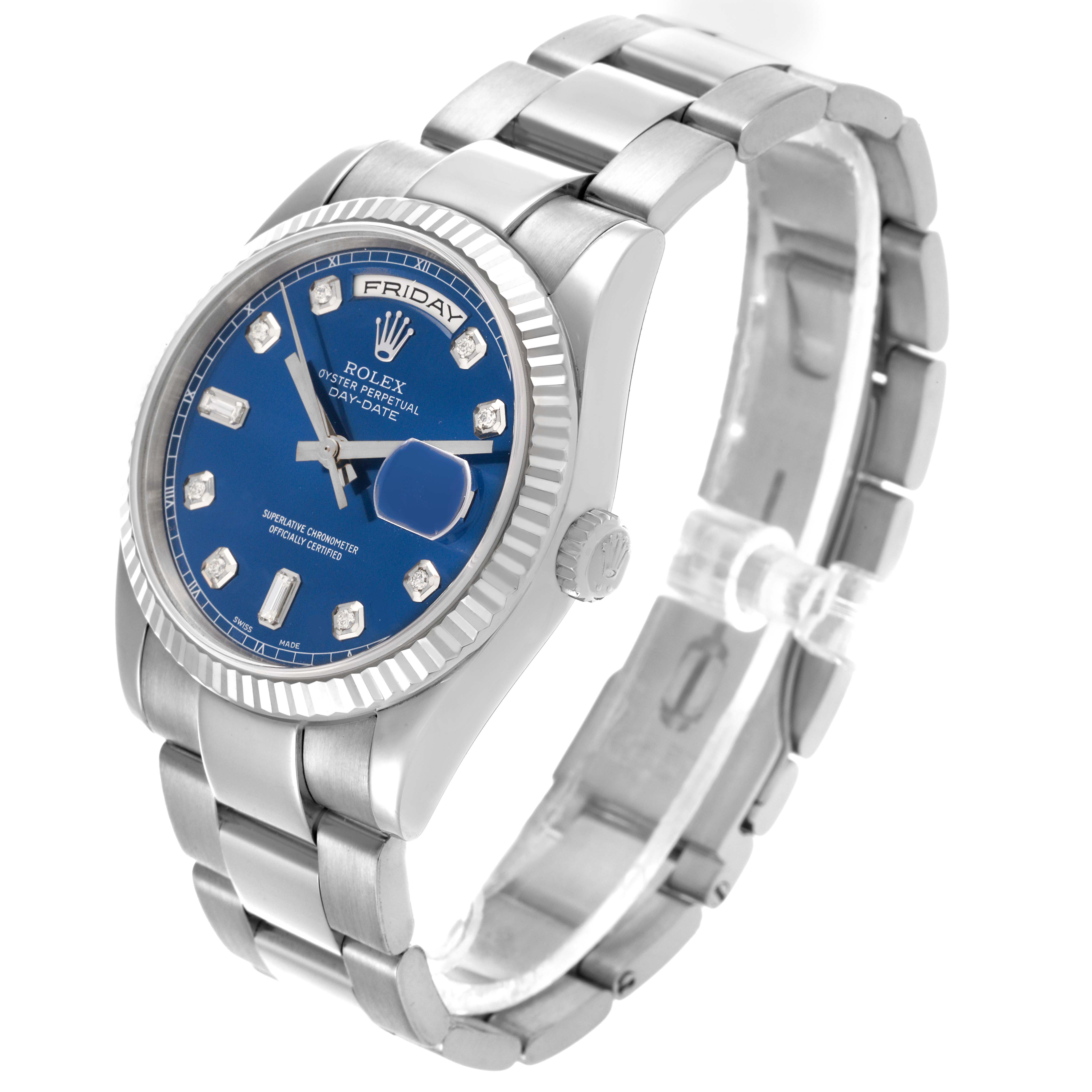 The Rolex President 118239 Men's White Gold Blue Dial 118239 Men's White Gold Blue Dial model watch is shown at a 3/4 angle, highlighting its face, bezel, and bracelet.