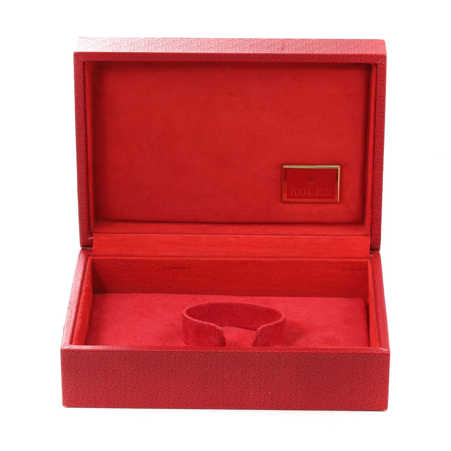 This image shows an open red storage box for a Rolex President 68278G Women's Yellow Gold Champagne Dial 68278G Women's Yellow Gold Champagne Dial model watch, including a cushioned holder inside.