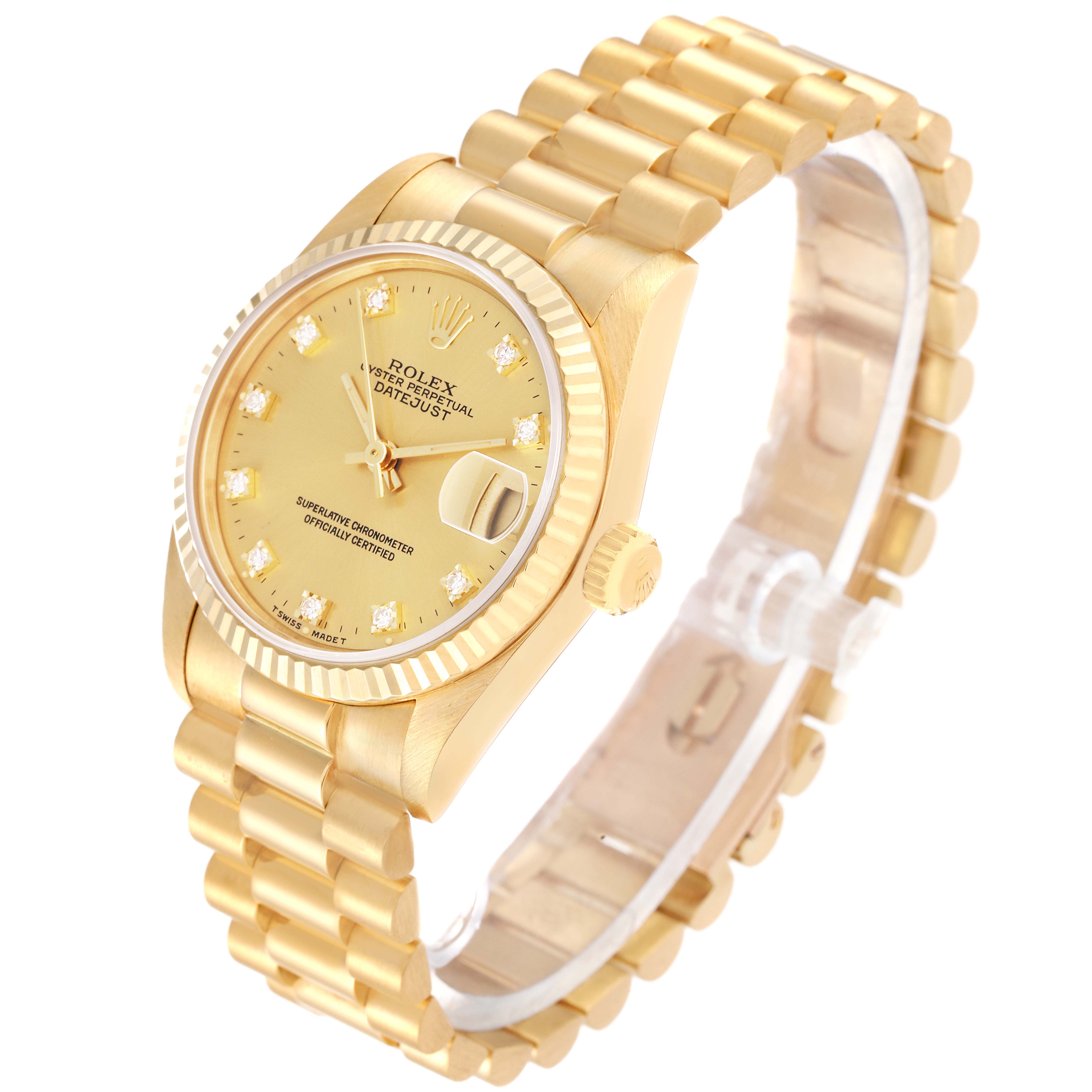 The image shows a Rolex President 68278G Women's Yellow Gold Champagne Dial 68278G Women's Yellow Gold Champagne Dial model watch at a three-quarter angle, highlighting the face, bezel, crown, and bracelet.