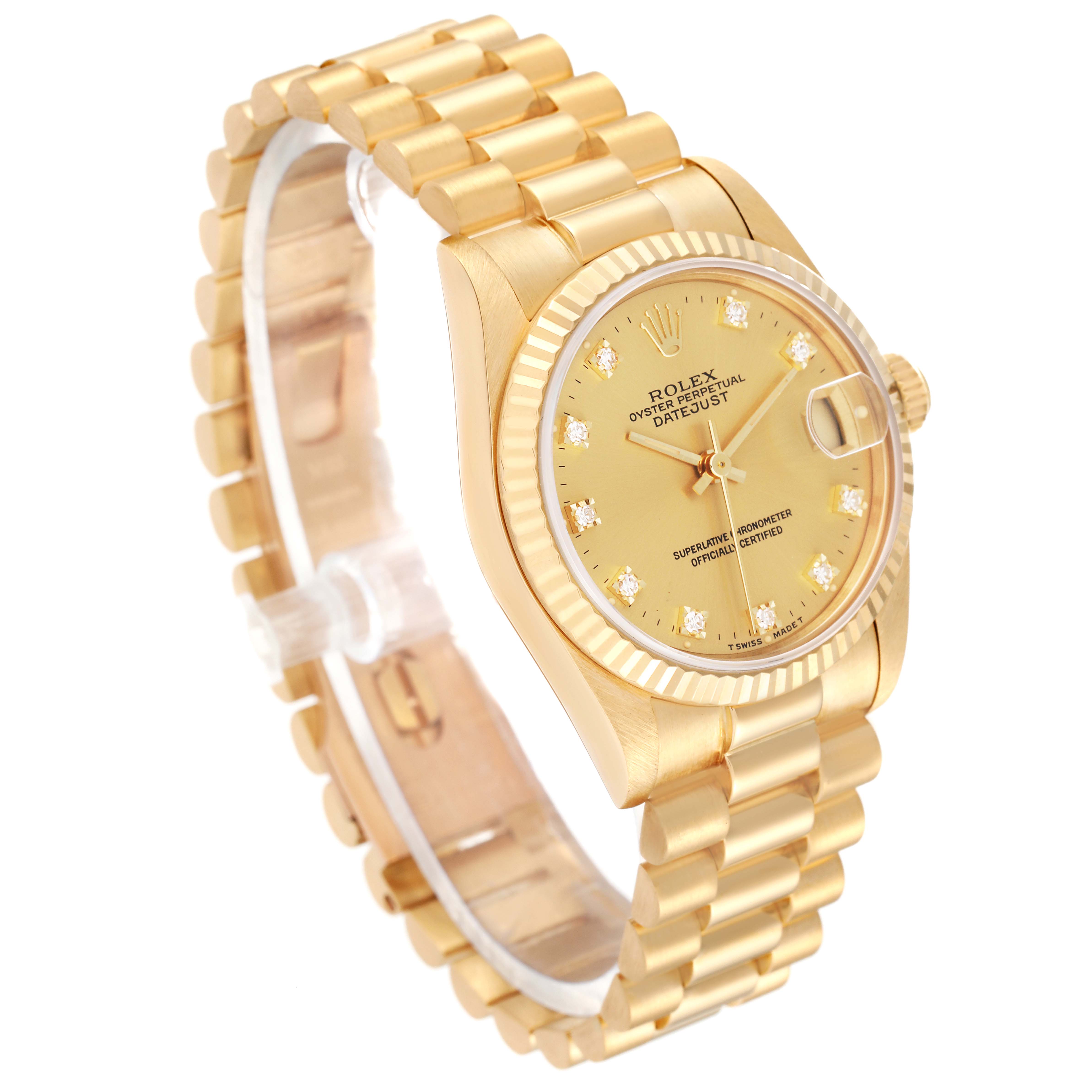 The image shows a Rolex President 68278G Women's Yellow Gold Champagne Dial 68278G Women's Yellow Gold Champagne Dial model watch at a slight angle, highlighting the watch face, bezel, and bracelet.