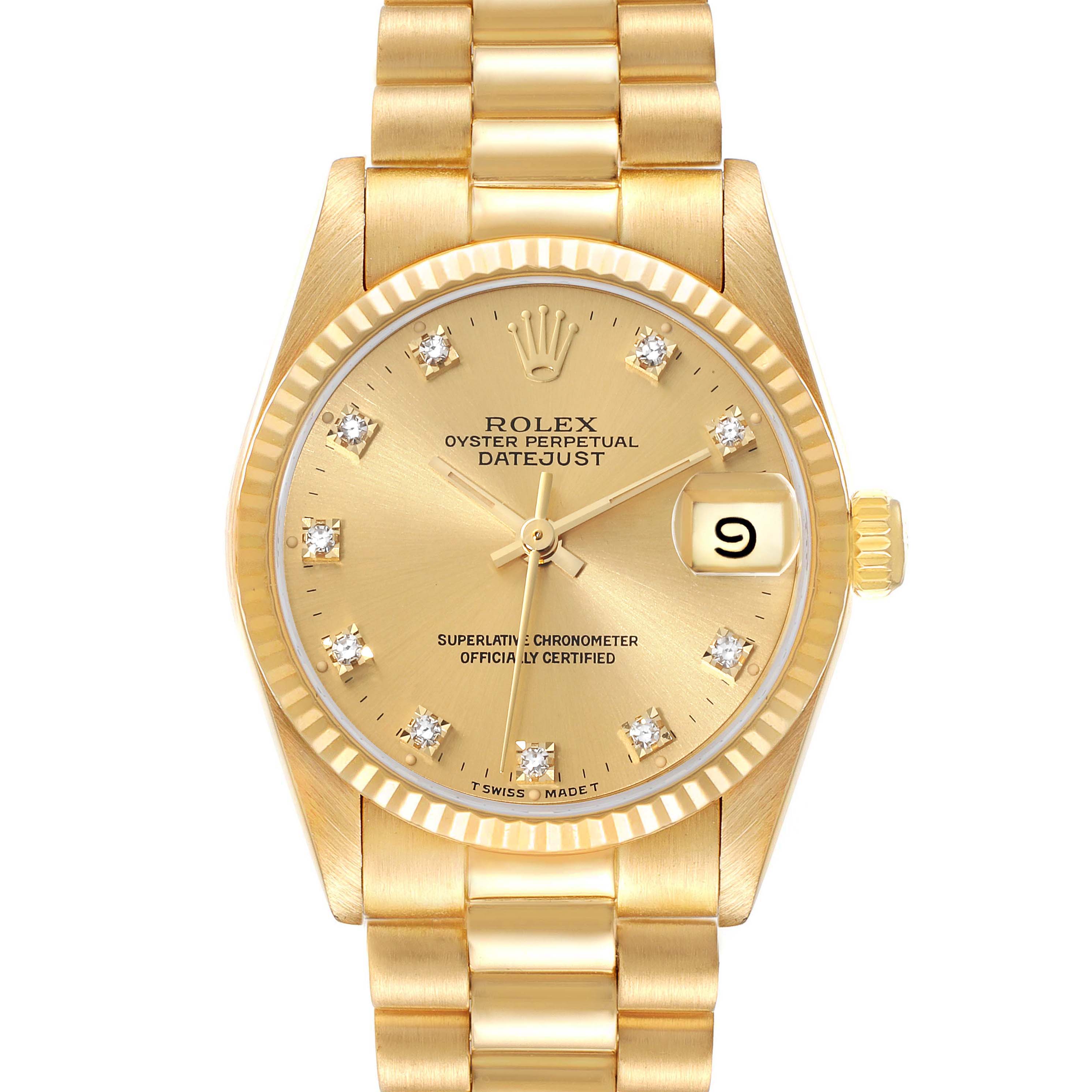 The image shows a frontal view of a Rolex President 68278G Women's Yellow Gold Champagne Dial 68278G Women's Yellow Gold Champagne Dial model watch, displaying the face, bracelet, and crown.