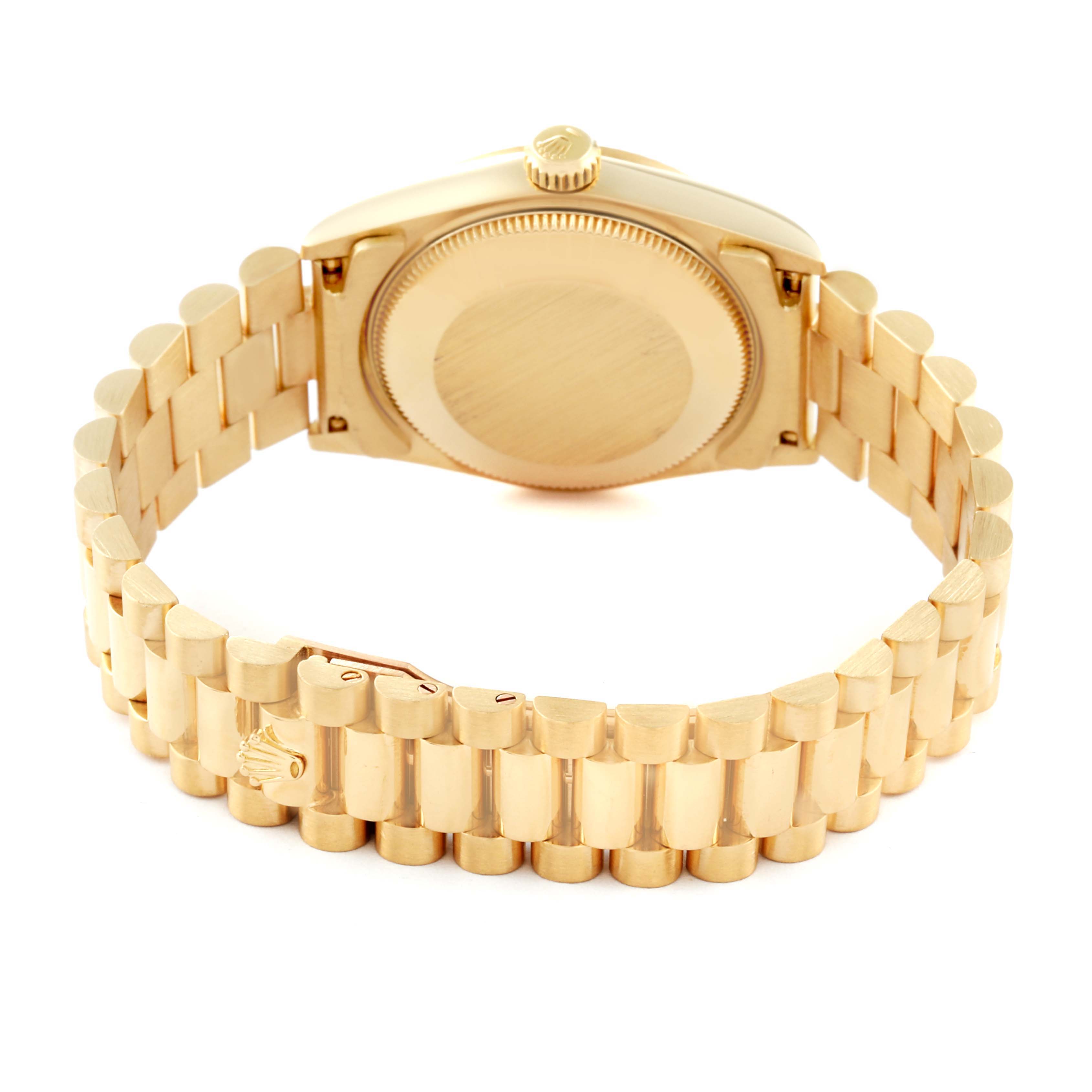 This image shows the backside and the bracelet clasp of a Rolex President 68278G Women's Yellow Gold Champagne Dial 68278G Women's Yellow Gold Champagne Dial watch.