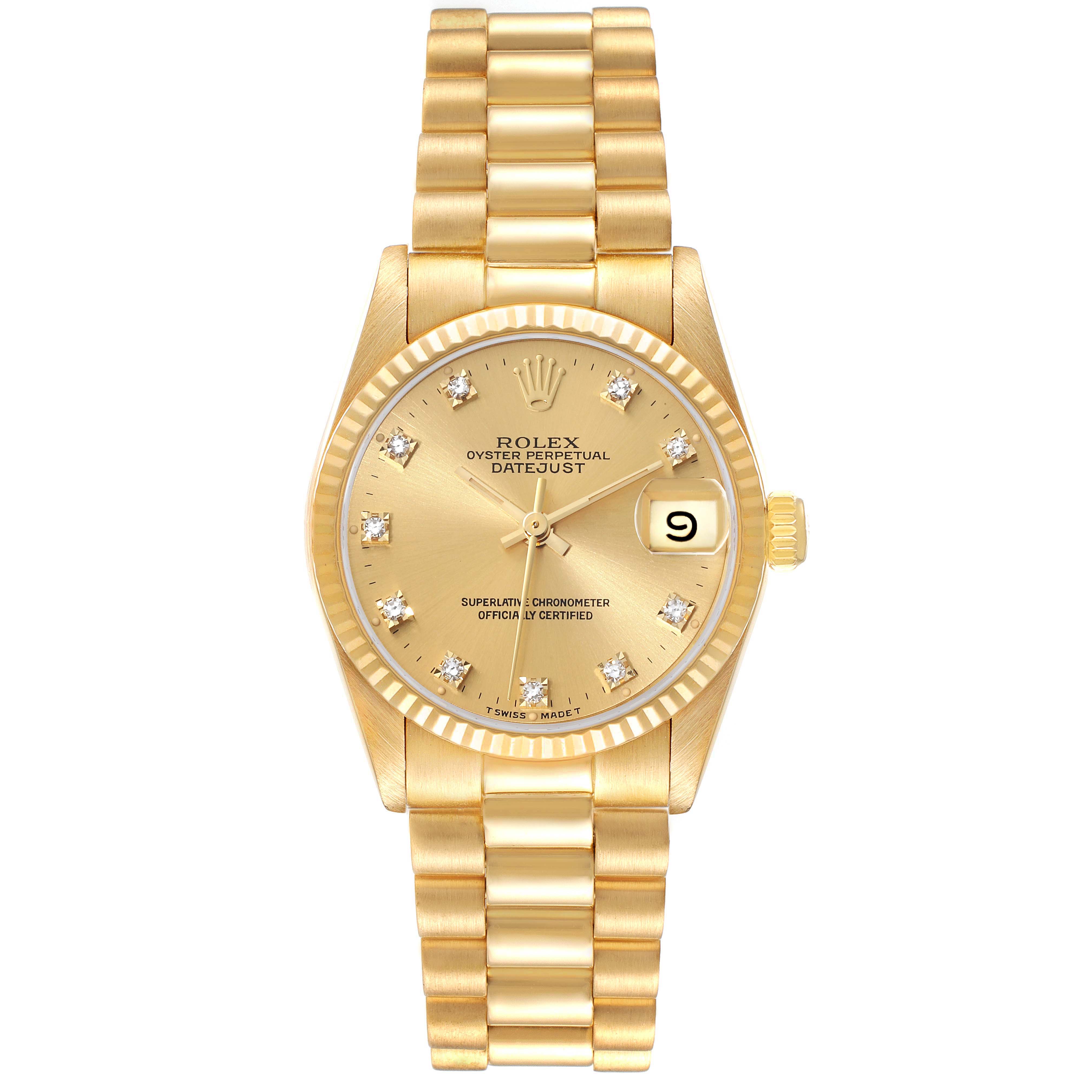 This image shows a Rolex President 68278G Women's Yellow Gold Champagne Dial 68278G Women's Yellow Gold Champagne Dial model watch from a front angle, displaying the face, bezel, and bracelet.