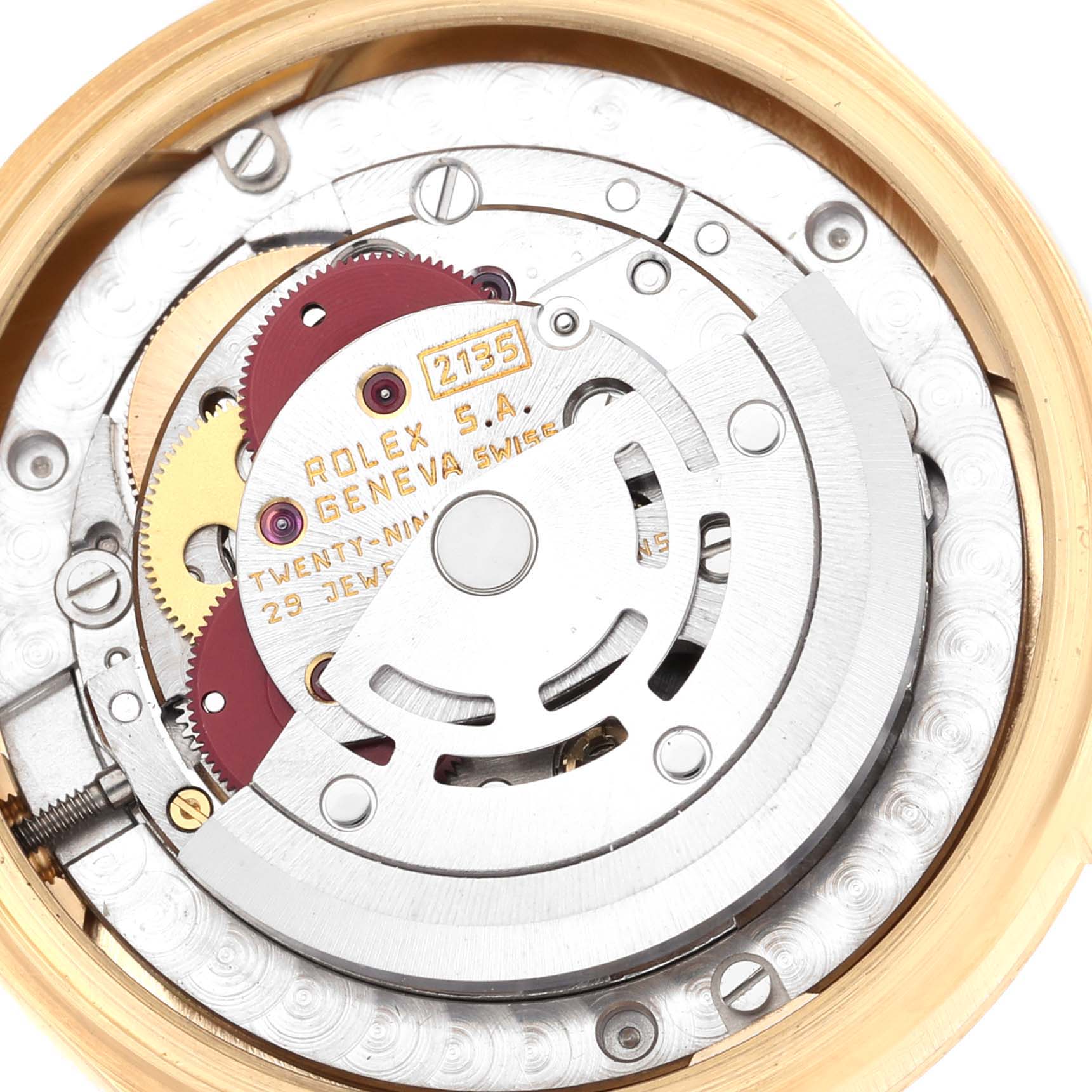 This close-up image shows the intricate inner mechanism of a Rolex President 68278G Women's Yellow Gold Champagne Dial 68278G Women's Yellow Gold Champagne Dial model watch.