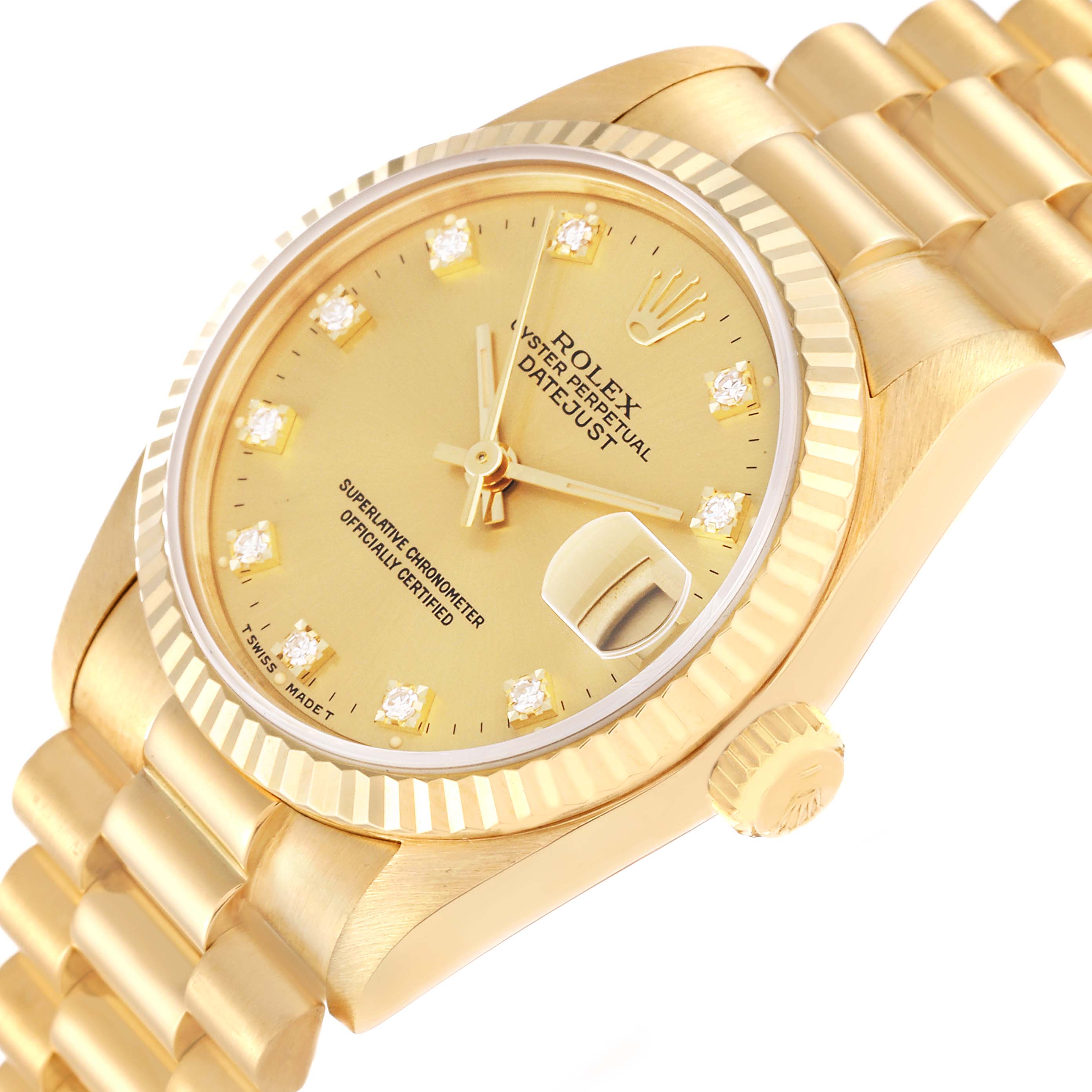 The image shows a close-up angled view of the Rolex President 68278G Women's Yellow Gold Champagne Dial 68278G Women's Yellow Gold Champagne Dial Day-Date watch, including its dial, fluted bezel, and bracelet.