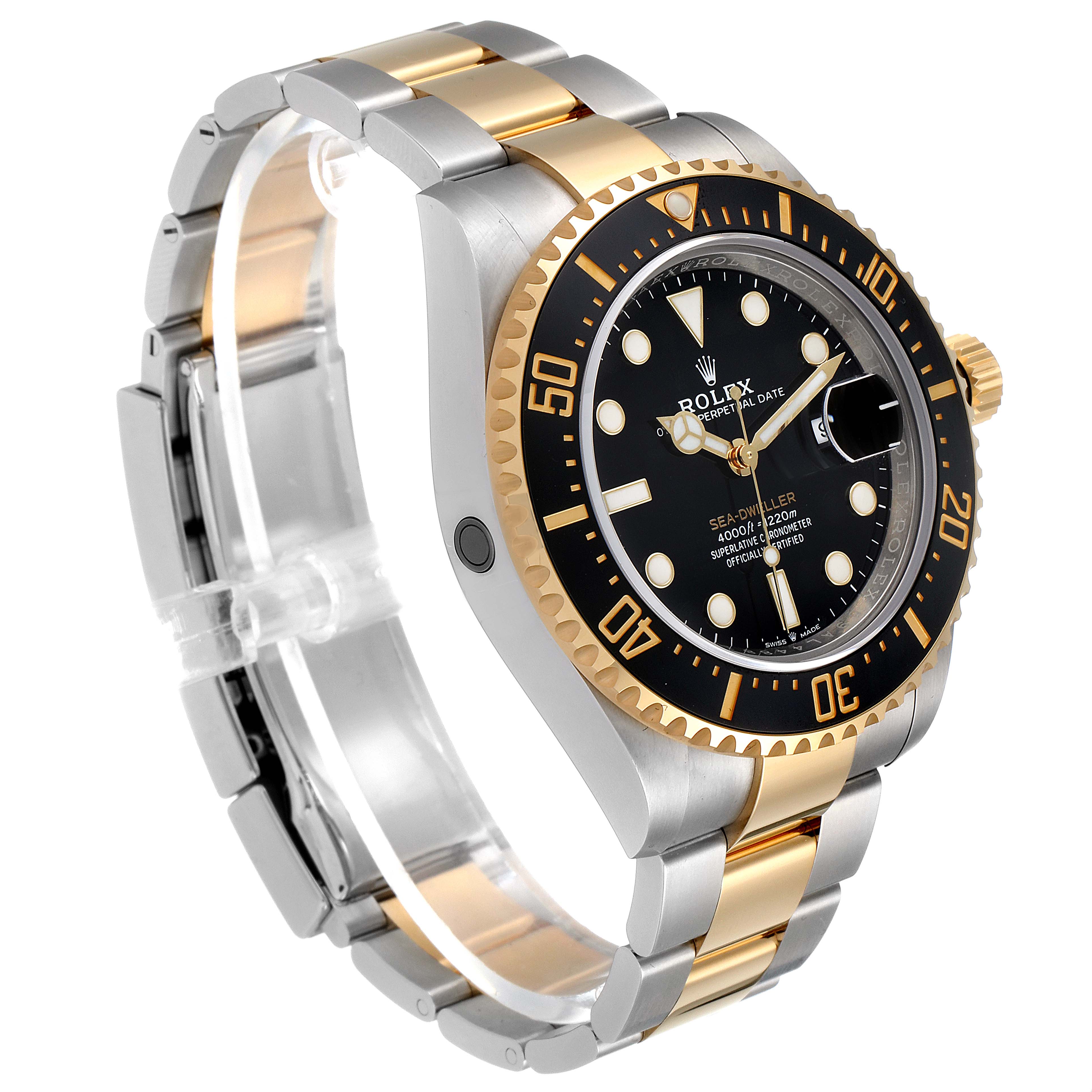 The image shows a Rolex Sea-Dweller 126603 Men
s Steel and Gold (two tone) Black Dial 126603 Men
s Steel and Gold (two tone) Black Dial watch at a three-quarter angle, highlighting its bezel, dial, and two-tone bracelet.