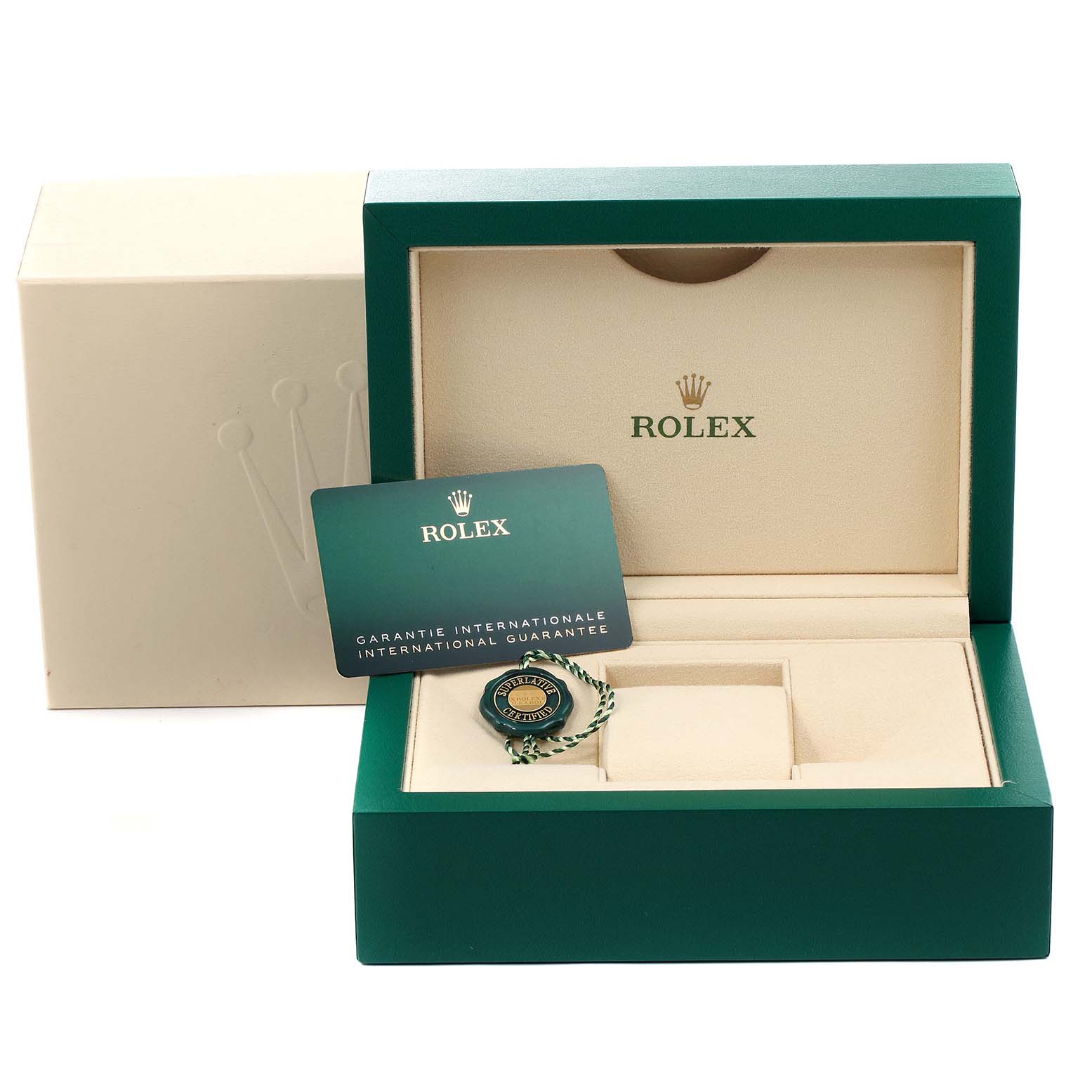 The image shows a Rolex Sea-Dweller 126603 Men
s Steel and Gold (two tone) Black Dial 126603 Men
s Steel and Gold (two tone) Black Dial watch box, international guarantee card, and a green and gold Rolex tag.