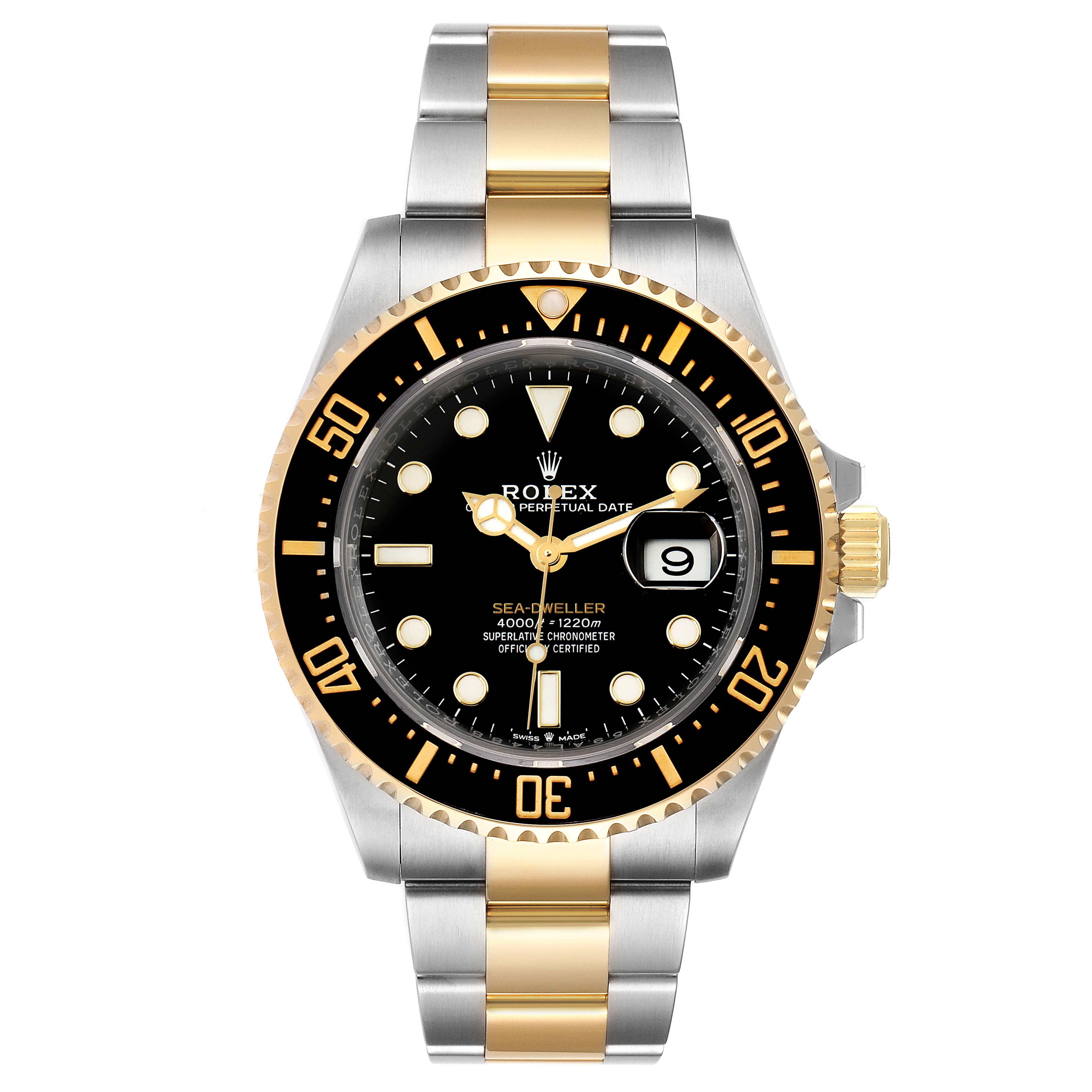 The image shows a front-facing view of the Rolex Sea-Dweller 126603 Men
s Steel and Gold (two tone) Black Dial 126603 Men
s Steel and Gold (two tone) Black Dial watch, highlighting its dial, bezel, and two-tone bracelet.