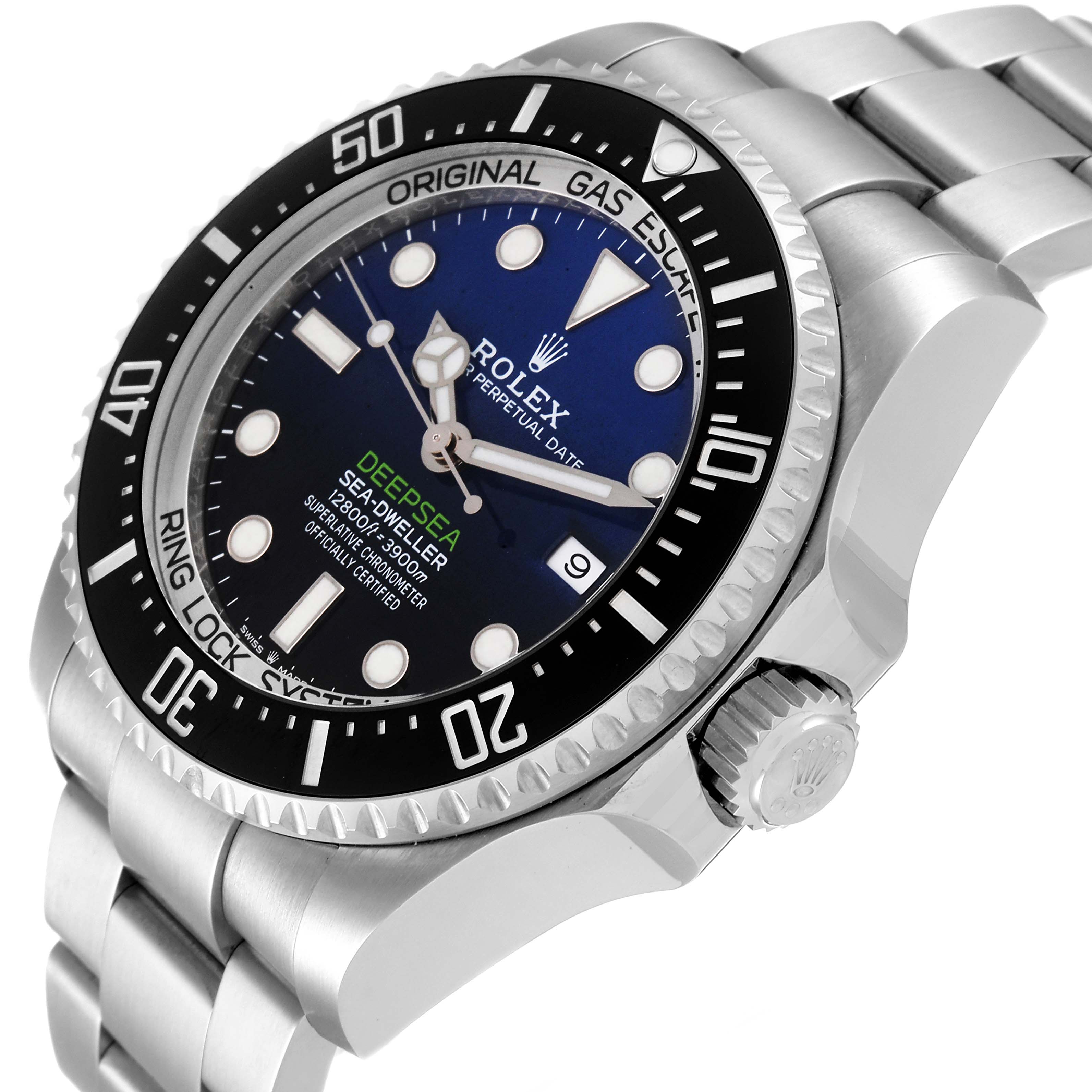 The image shows a close-up angled view of the dial, bezel, crown, and bracelet of the Rolex Sea-Dweller 126660 Men's Stainless Steel Blue Dial 126660 Men's Stainless Steel Blue Dial watch.