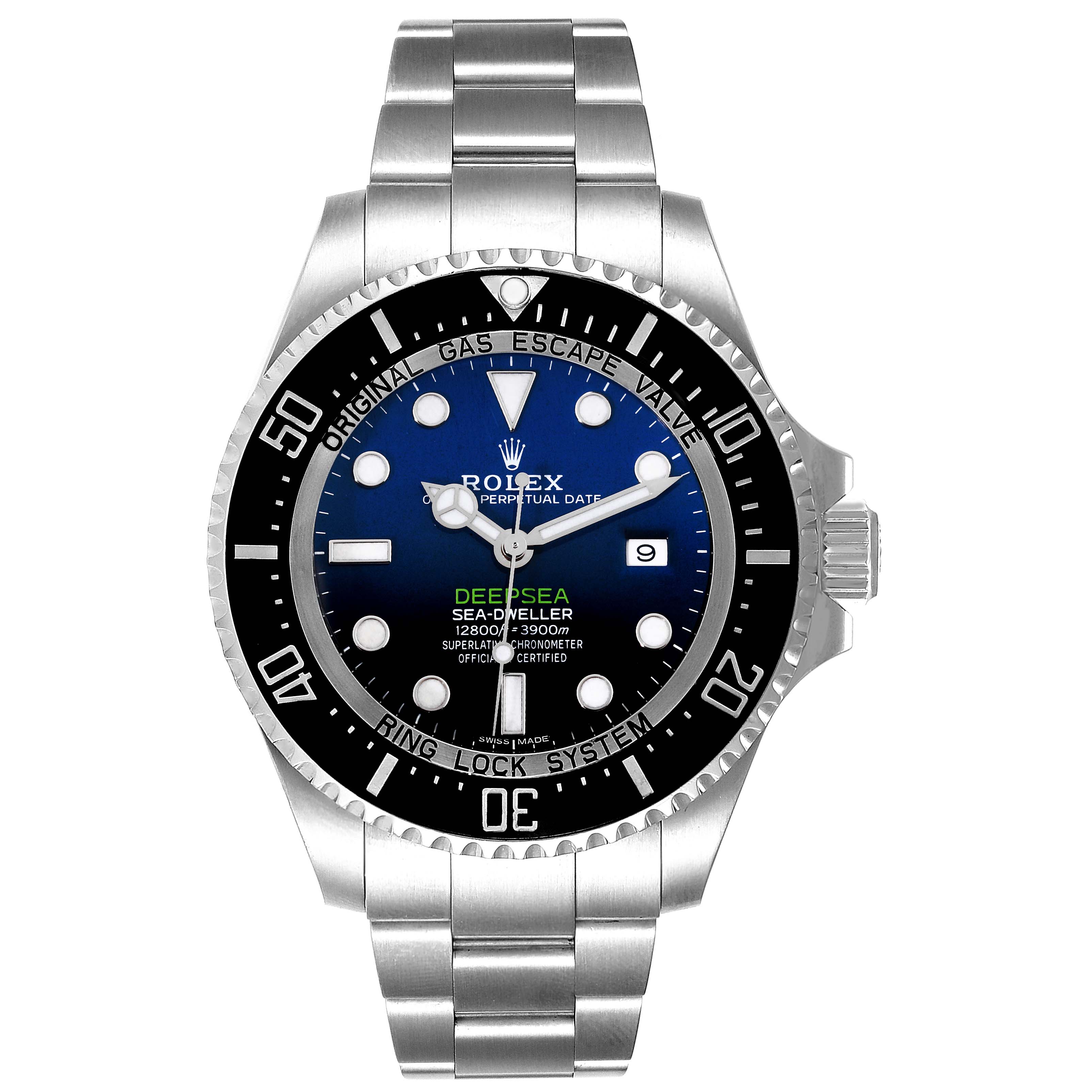 The image shows a front view of a Rolex Sea-Dweller 126660 Men's Stainless Steel Blue Dial 126660 Men's Stainless Steel Blue Dial watch, highlighting its face, bezel, dial, and bracelet.