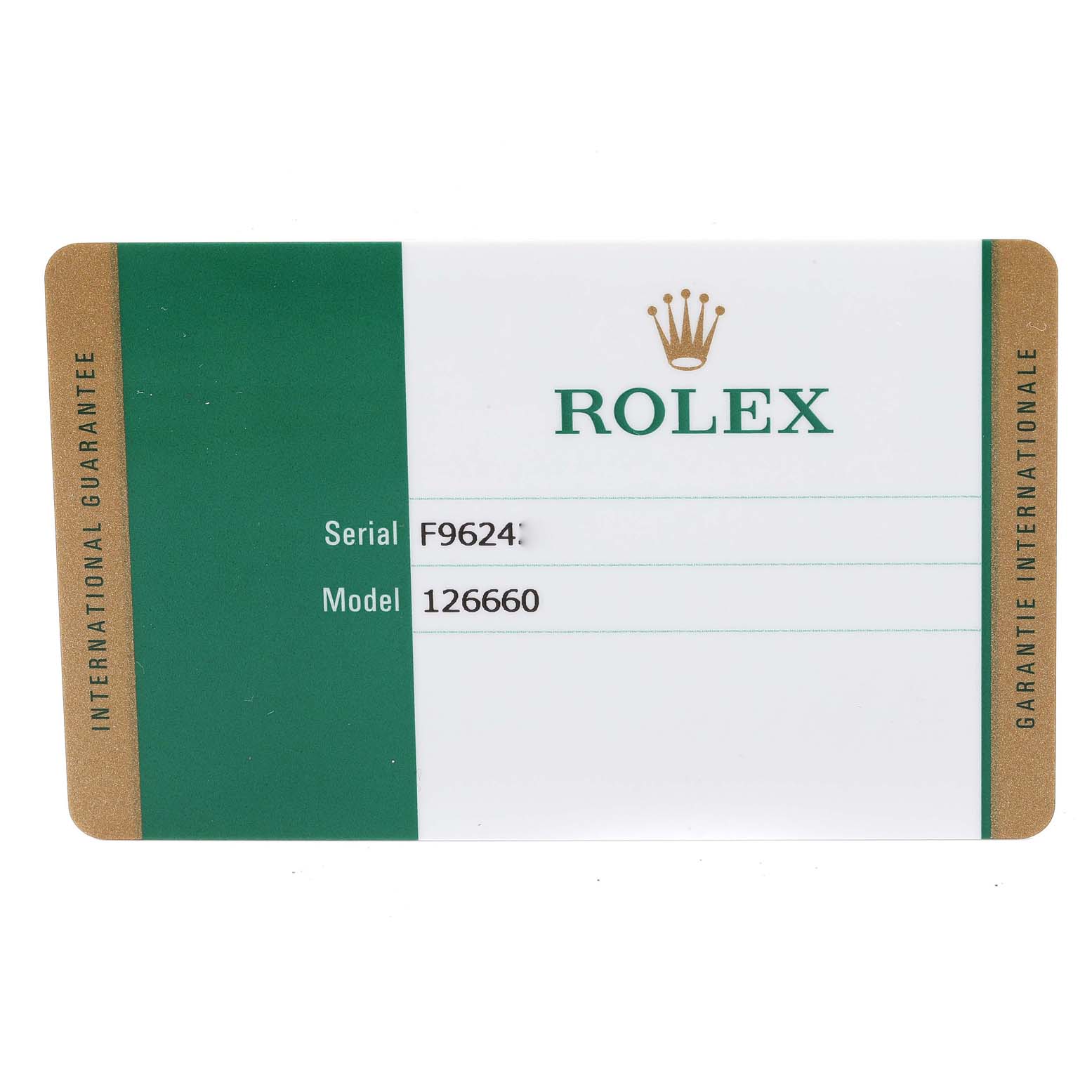 This is an international guarantee card for a Rolex Sea-Dweller 126660 Men's Stainless Steel Blue Dial 126660 Men's Stainless Steel Blue Dial model 126660, shown from the front.