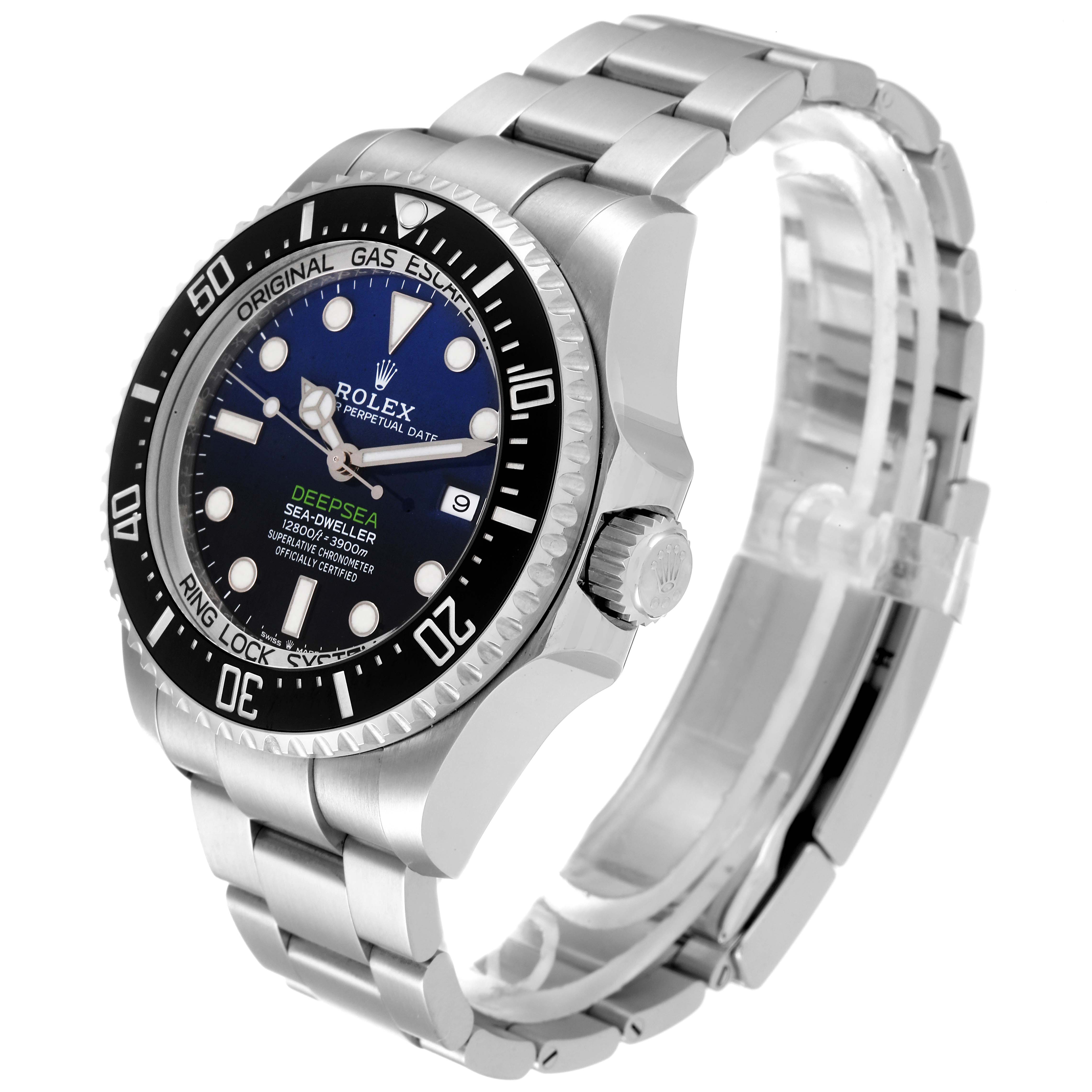 The Rolex Sea-Dweller 126660 Men's Stainless Steel Blue Dial 126660 Men's Stainless Steel Blue Dial watch is shown at a three-quarter angle, displaying the bezel, dial, crown, and part of the bracelet.