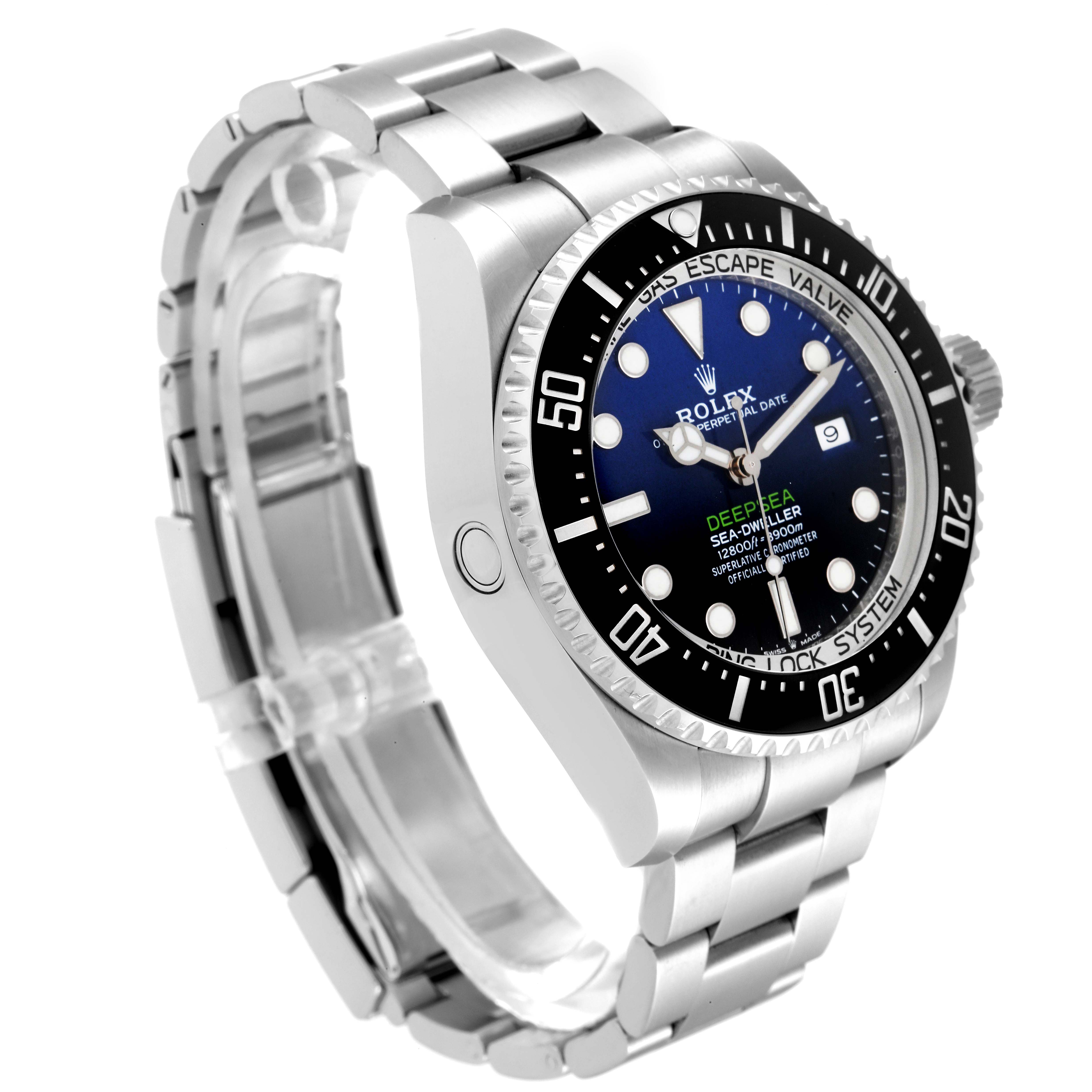 This image shows a side and front angle of the Rolex Sea-Dweller 126660 Men's Stainless Steel Blue Dial 126660 Men's Stainless Steel Blue Dial, displaying its dial, bezel, and bracelet.